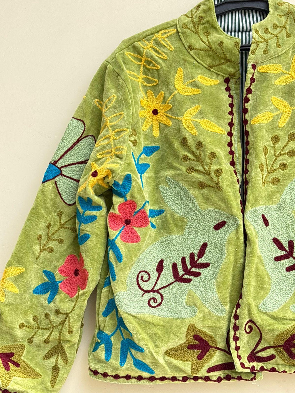 Green Velvet Suzani Jacket | Floral Embroidery Jacket  | Hippie Coat | Warm Winter Coat | Artisanal Outerwear | Gift For Her | Cropped Coat