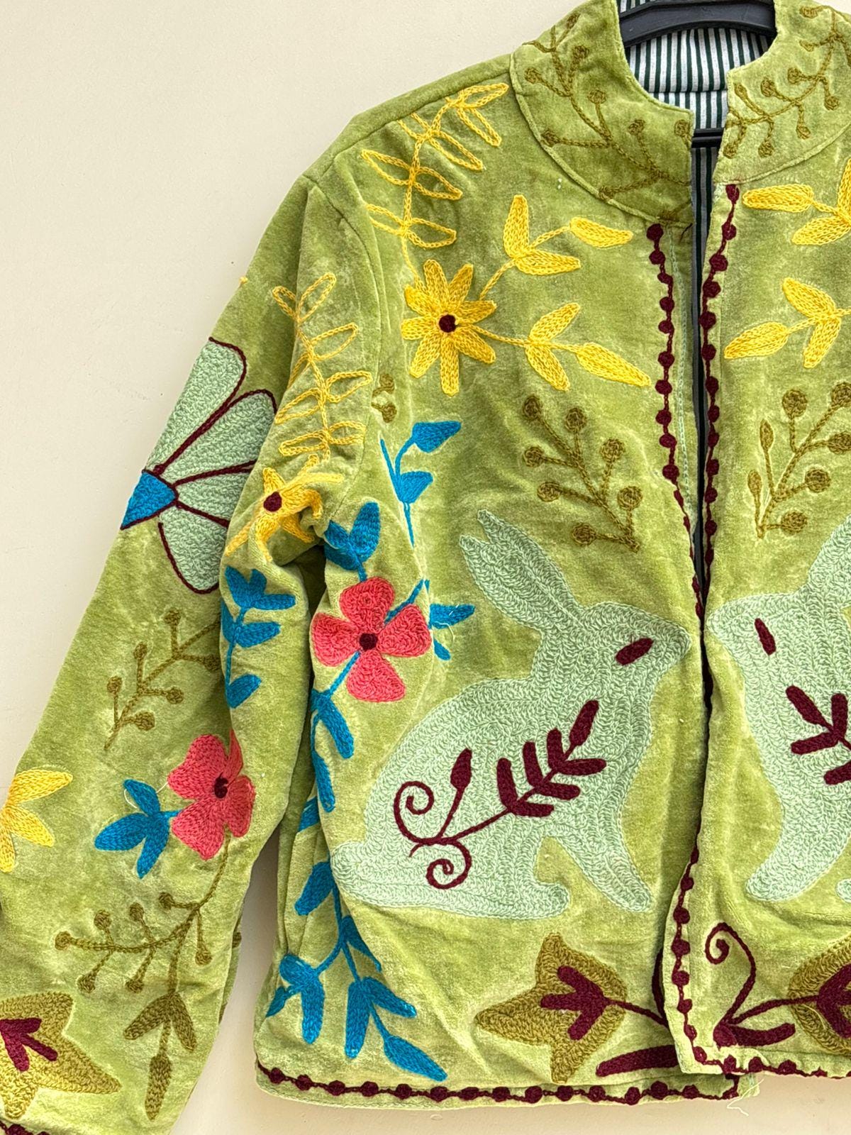 Green Velvet Suzani Jacket | Floral Embroidery Jacket  | Hippie Coat | Warm Winter Coat | Artisanal Outerwear | Gift For Her | Cropped Coat