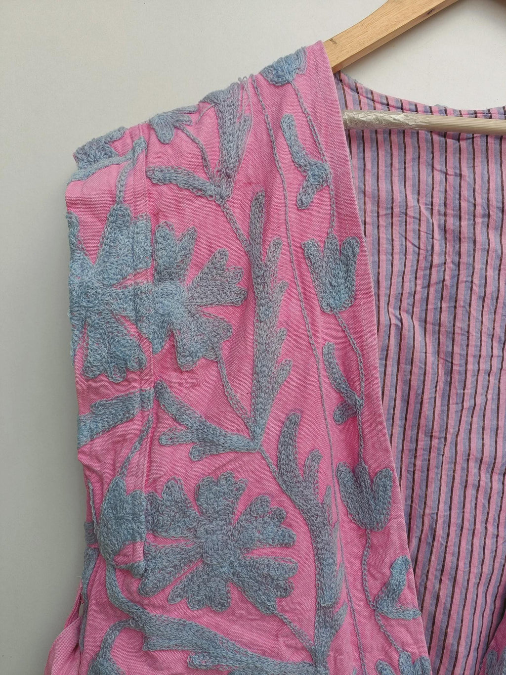 Velvet Suzani Embroidered Vest with Belt – Pink & Blue Boho Festival Waistcoat | Handmade Ethnic Jacket | Sleeveless Bohemian Layer
