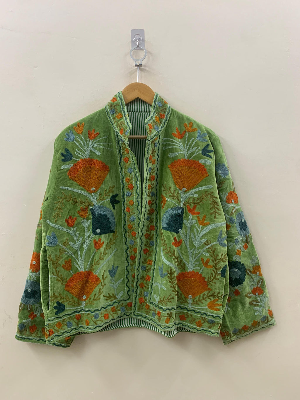 Green Suzani Velvet Short Jacket | Indian Suzani Embroidery Jacket | Winter Wear Women's Jacket | Suzani Coat | Gift For Her | Duster Jacket