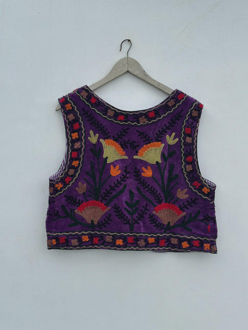 Boho Suzani Velvet Vest – Hand-Embroidered Floral Sleeveless Jacket | Vintage-Inspired Festival & Statement Layer | Purple Ethnic Waistcoat