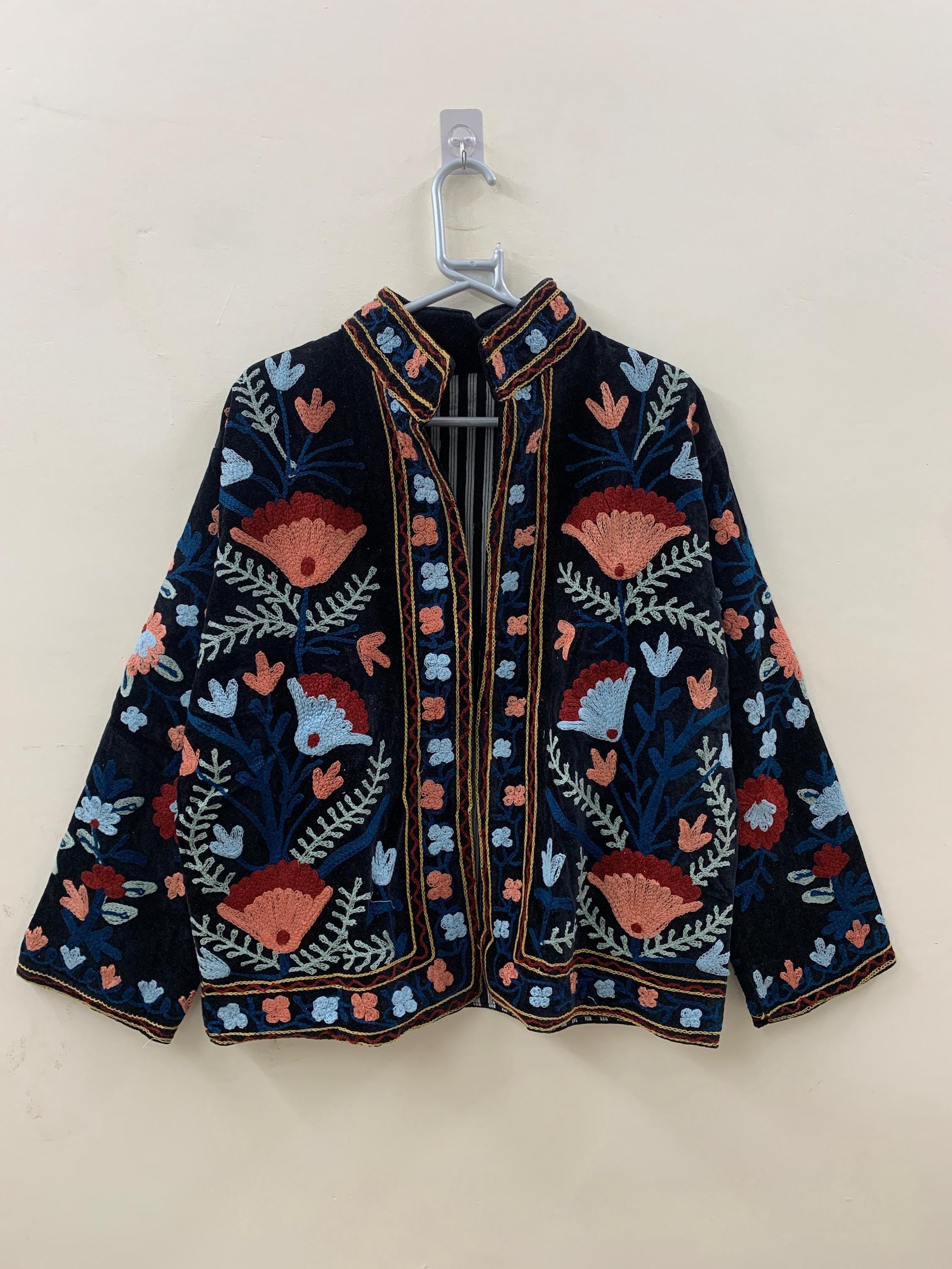 Boho Suzani Jacket Women | Velvet Embroidered Short Coat | Ethnic Vintage Jacket | Cropped Fit | Winter Outerwear
