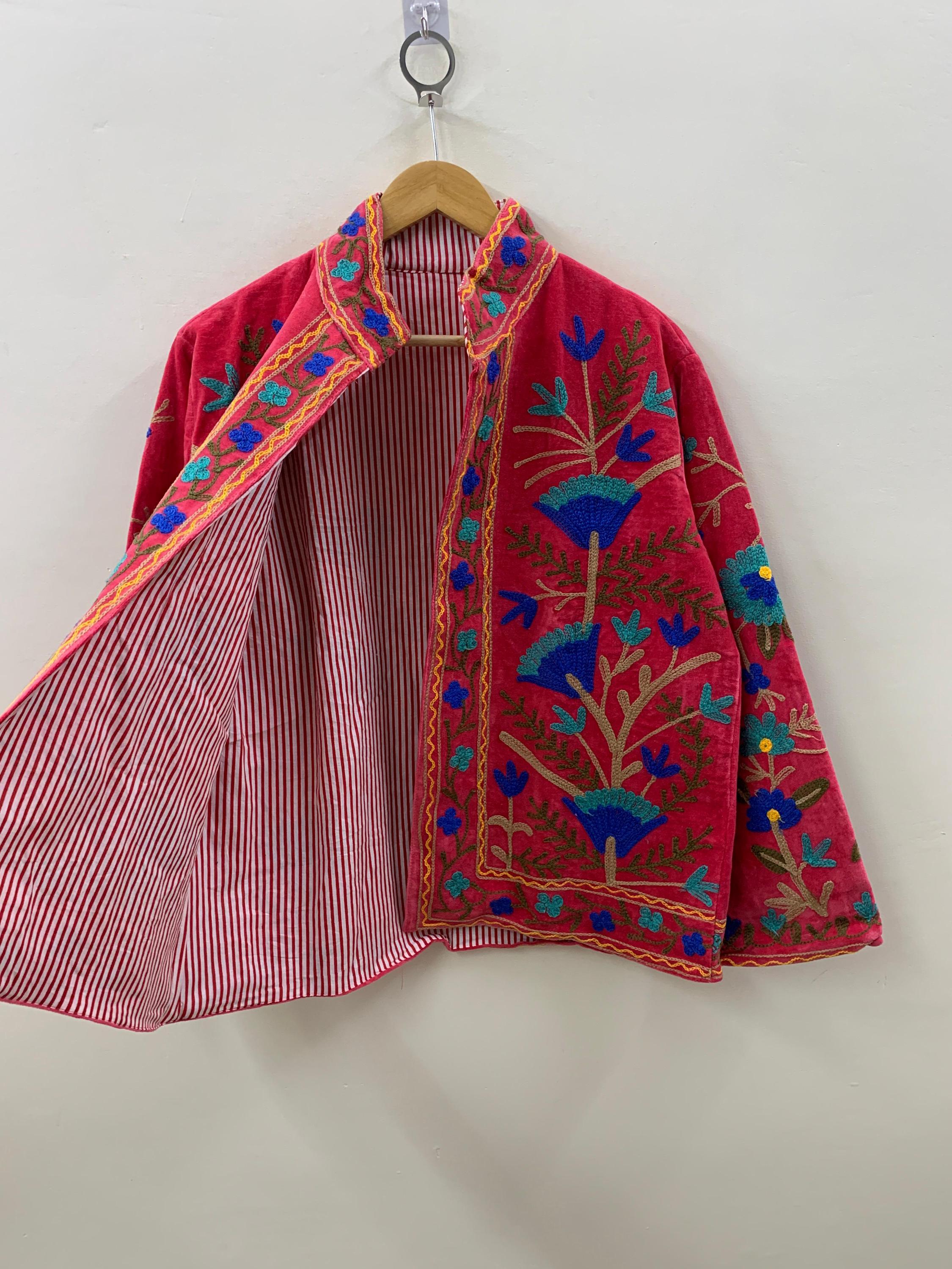 Red Velvet Suzani Hand Embroidered Jacket | Floral Tailored Jacket |Bomber Coat | Hippie Jacket | 70s Style Coat | Gift For Her |Winter Coat