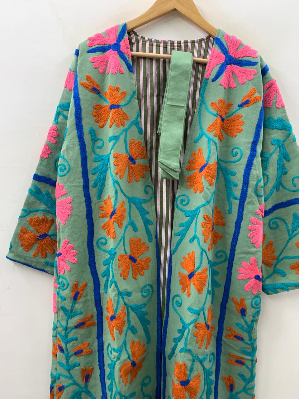 Boho Suzani Cotton Kimono Robe | Vintage Embroidered Uzbek Duster |Gift For Her