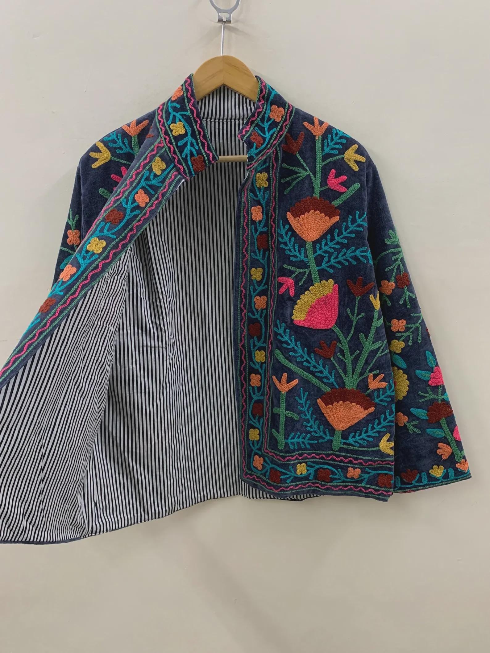 Suzani Velvet Jacket Women | Floral Embroidered Jacket | Winter Kimono Coat | Warm Winter Outerwear | Gift for Her