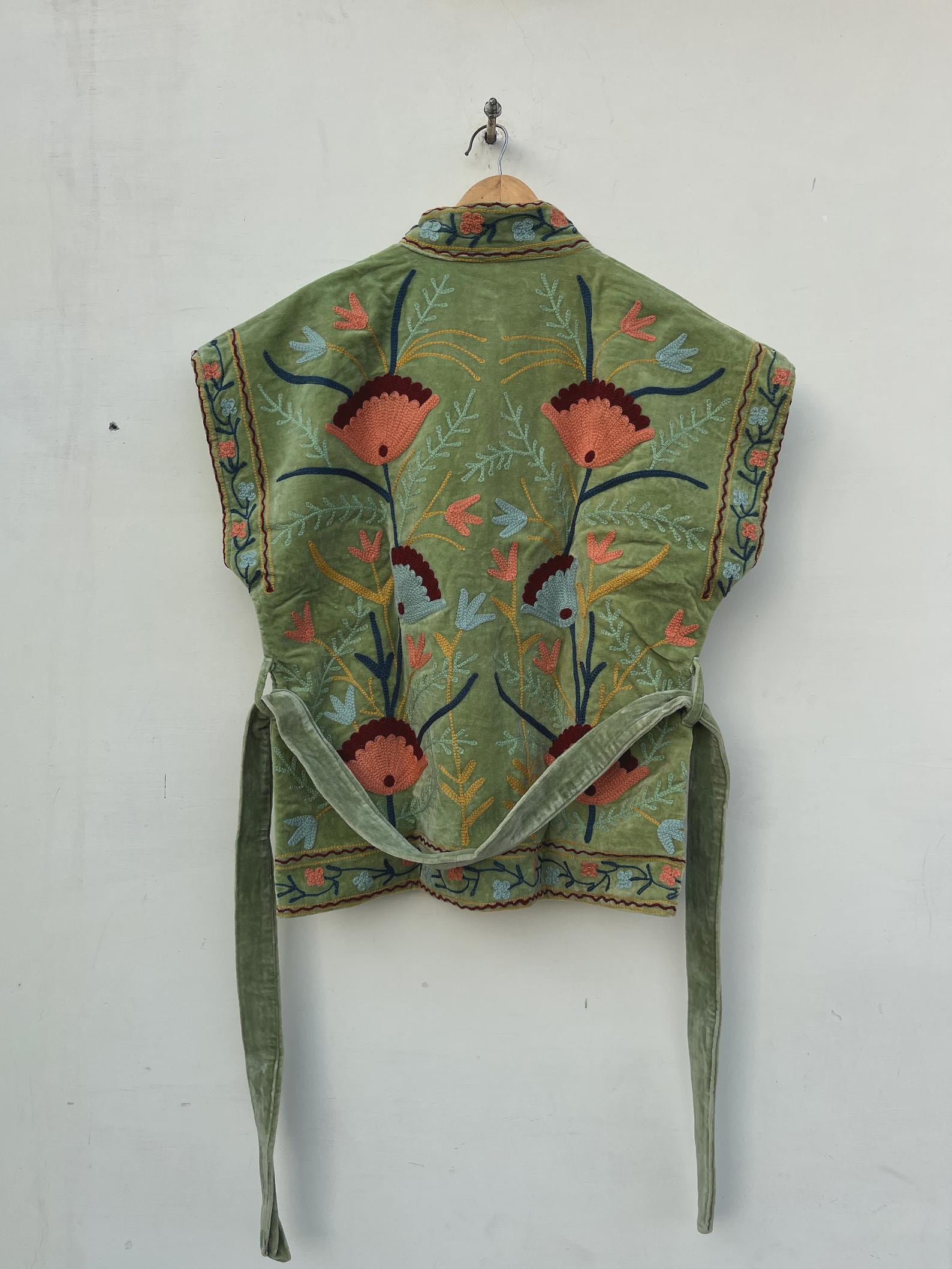 Green Velvet Suzani Embroidered Vest with Belt | Boho Festival Waistcoat | Ethnic Jacket | Sleeveless Bohemian Layer | Gypsy Vest