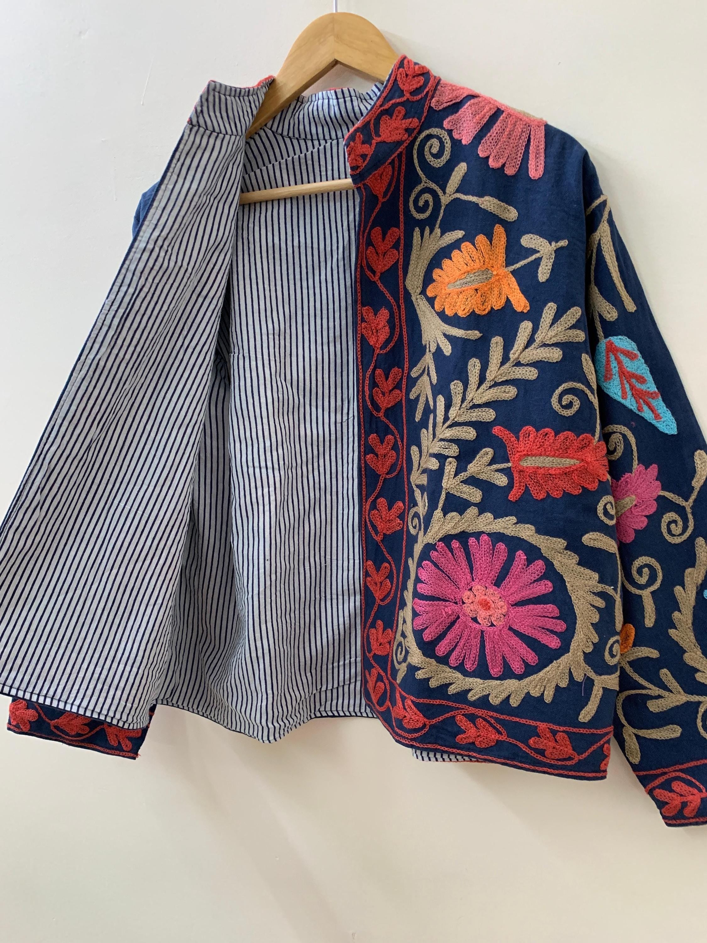 Blue Cotton Suzani Winter Short Jacket | Cotton Spring Jacket | Suzani Bomber Coat | Vintage Floral Boho Jacket | Gift For Her | Outerwear