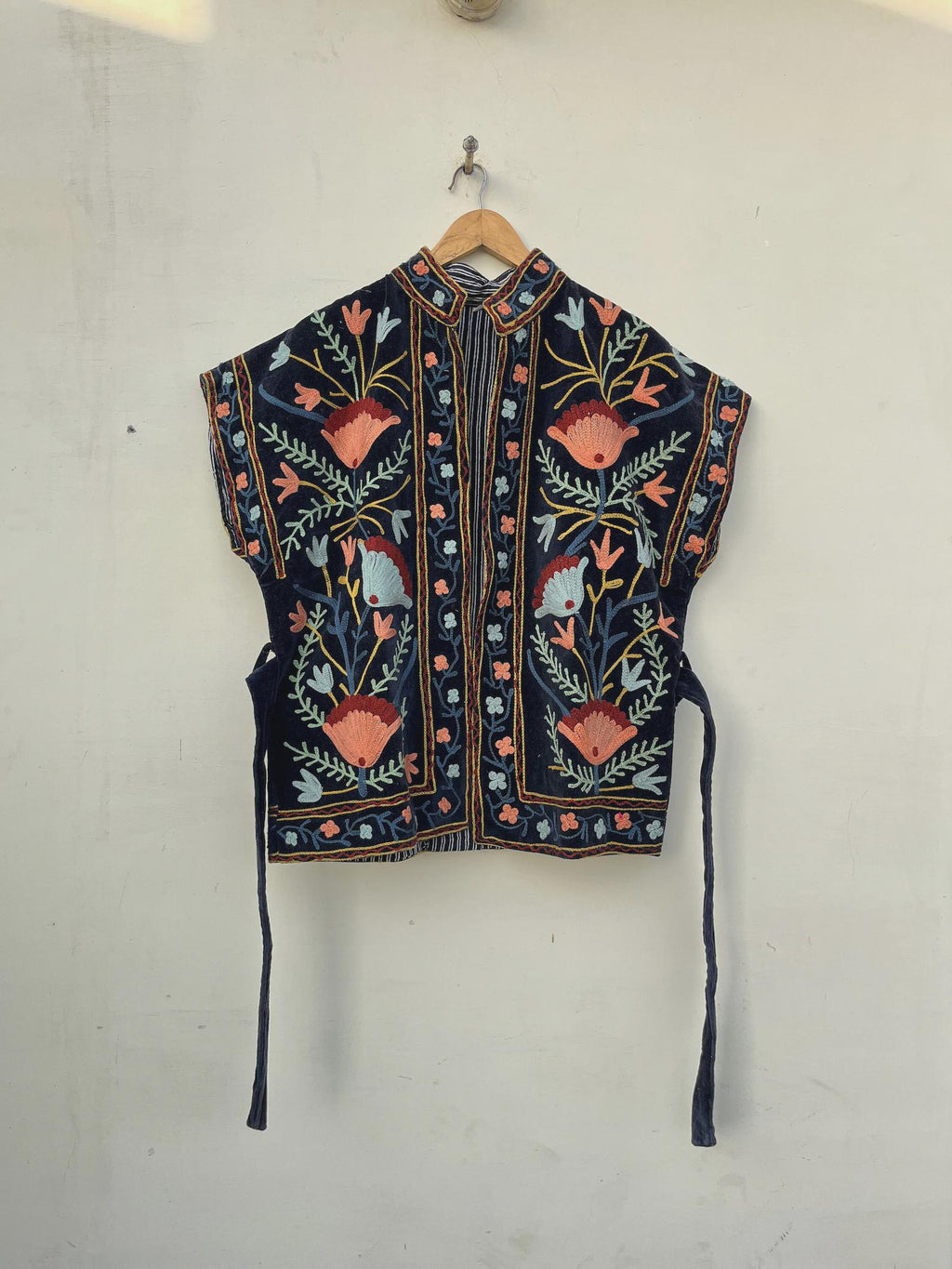 Black Velvet Suzani Embroidered Vest with Belt | Boho Festival Waistcoat | Ethnic Jacket | Sleeveless Bohemian Waistcoat | Gypsy Vest