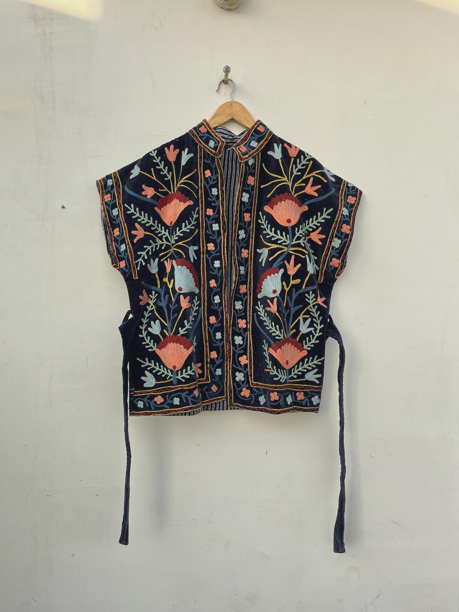 Black Velvet Suzani Embroidered Vest with Belt | Boho Festival Waistcoat | Ethnic Jacket | Sleeveless Bohemian Waistcoat | Gypsy Vest