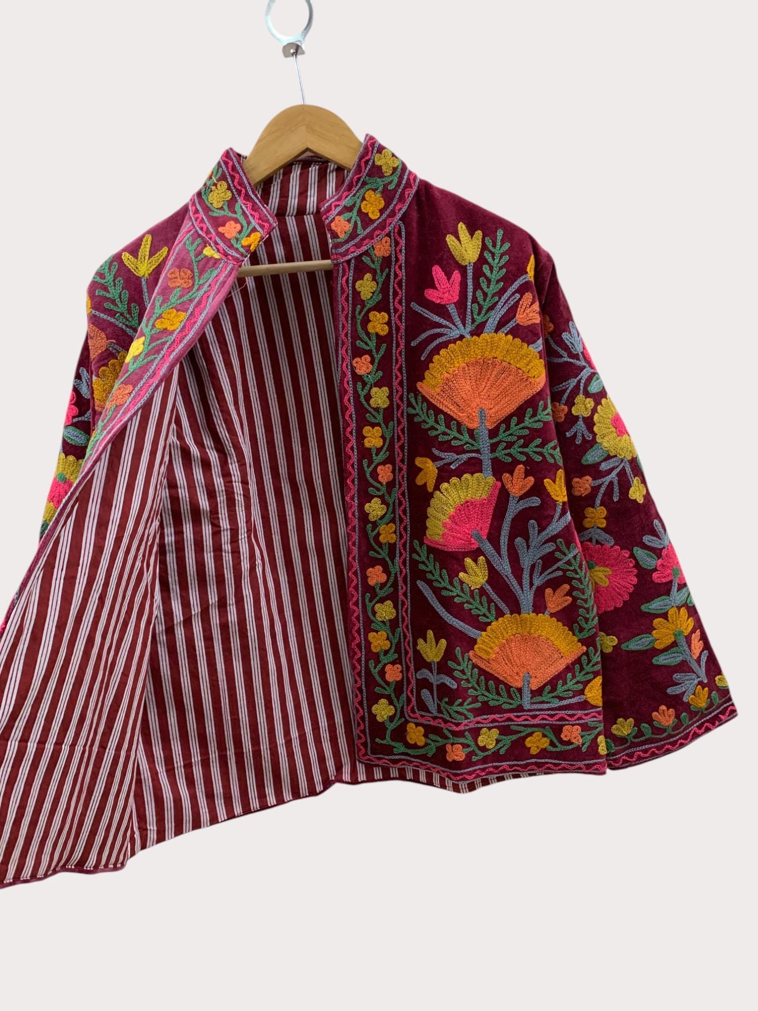 Vintage Suzani Embroidered Velvet Jacket |Pink Jacket | Bomber Hippie Jacket | Winter Warmed Coat |Gift For Her |Duster Short Floral Jacket