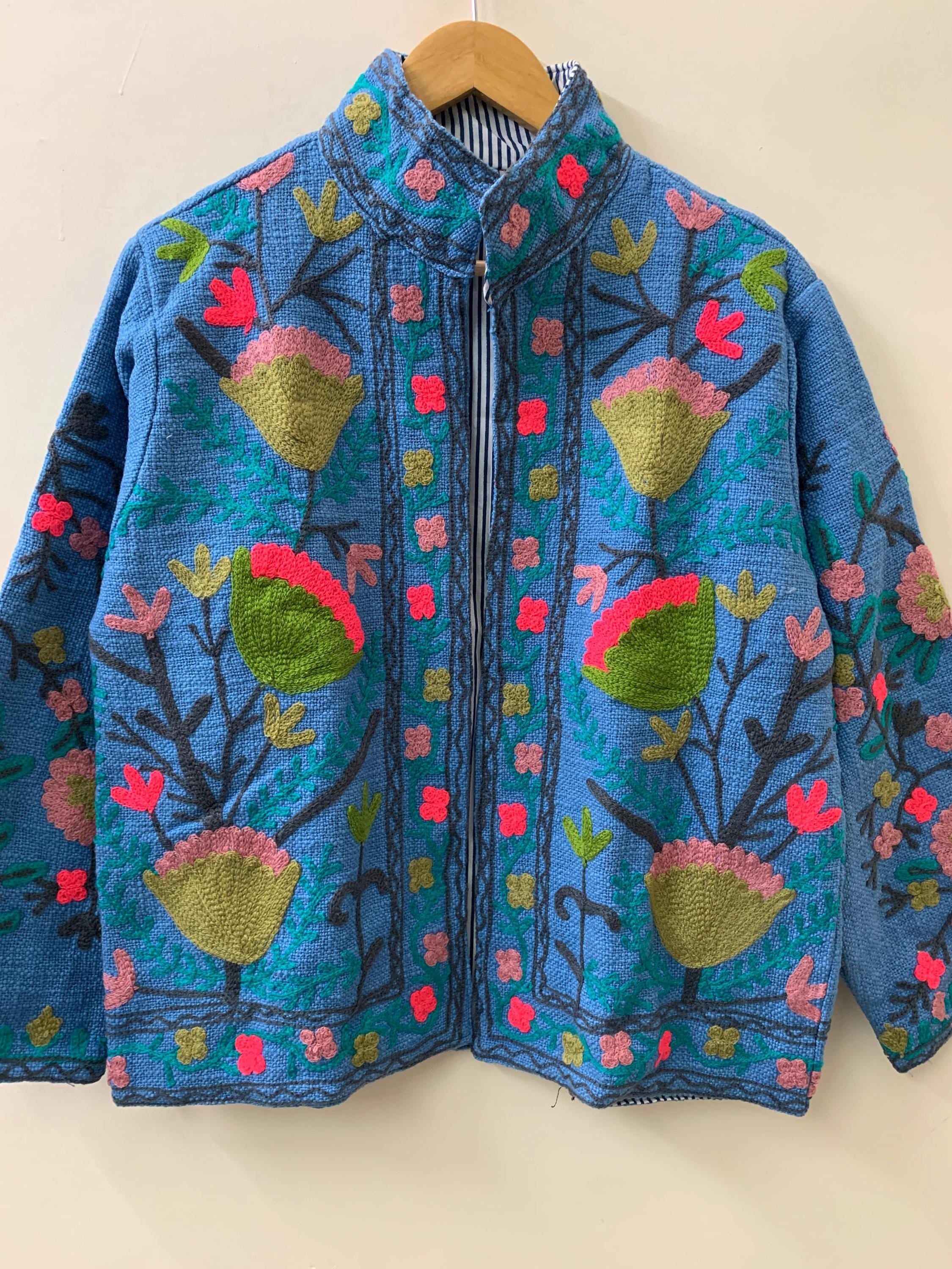 Blue Suzani TNT Fabric Short Spring Jacket | Duster TNT Jacket | Button Winter Outerwear Jacket |Spring Bomber Coat| Gift For Her | TNT Coat