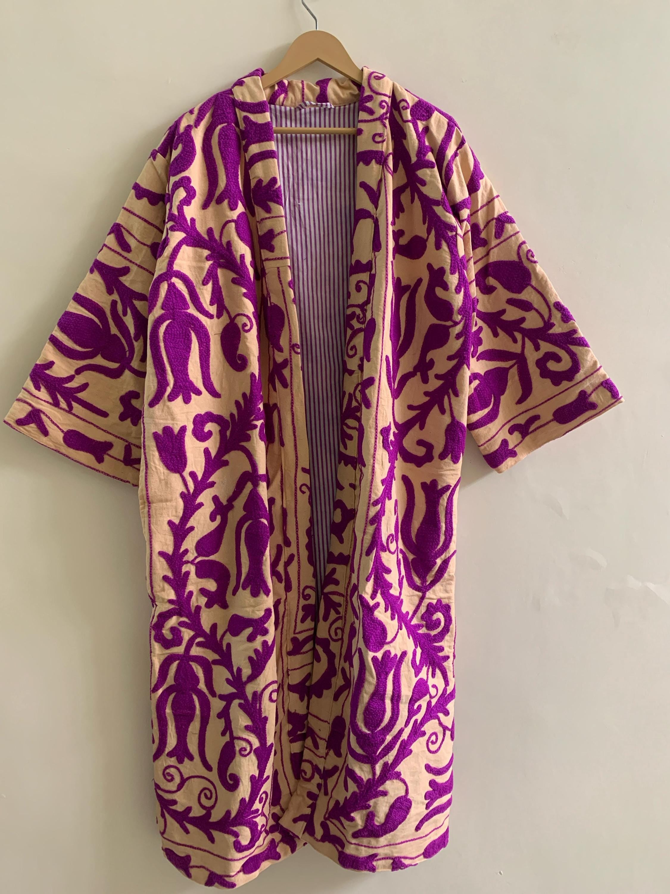 Handmade Embroidered Kimono | Unisex Boho Kimono Jacket | Purple Cotton Canvas Robe | Beach Cover Up | Festival Outfit | Resort Wear Kimono