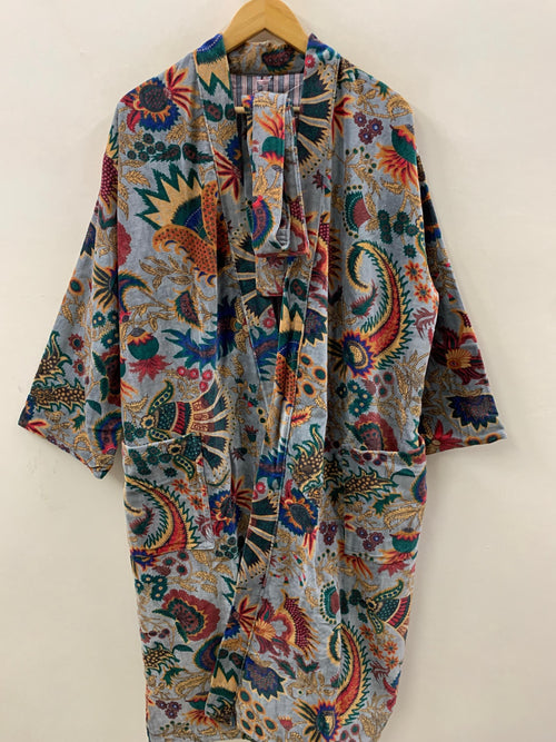 Boho Velvet Kimono Robe Colorful Paisley Floral Lounge Wear | Soft Velvet Dressing Gown | Women's Bohemian Robe with Belt | Festival Kimono