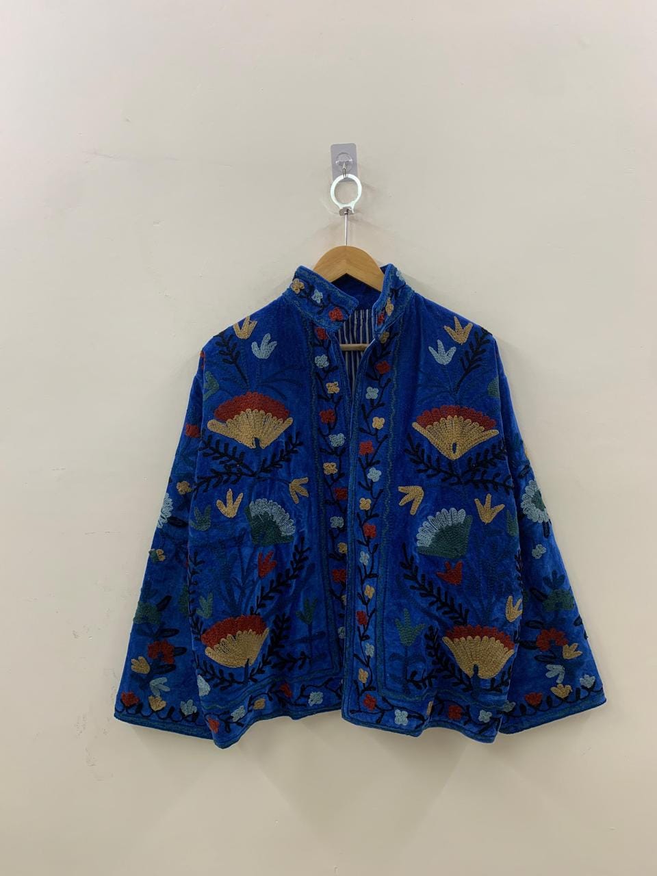Blue Suzani Velvet Fabric Short Boho Jacket | Long Sleeve Button Winter Coat | Short Jacket | Spring Bomber Jacket | Gift For Her | Coat