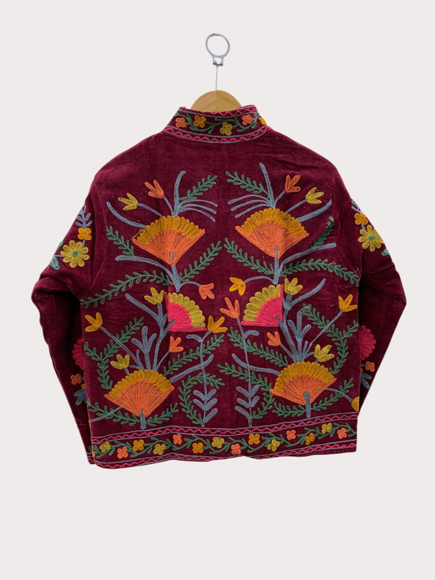 Vintage Suzani Embroidered Velvet Jacket |Pink Jacket | Bomber Hippie Jacket | Winter Warmed Coat |Gift For Her |Duster Short Floral Jacket
