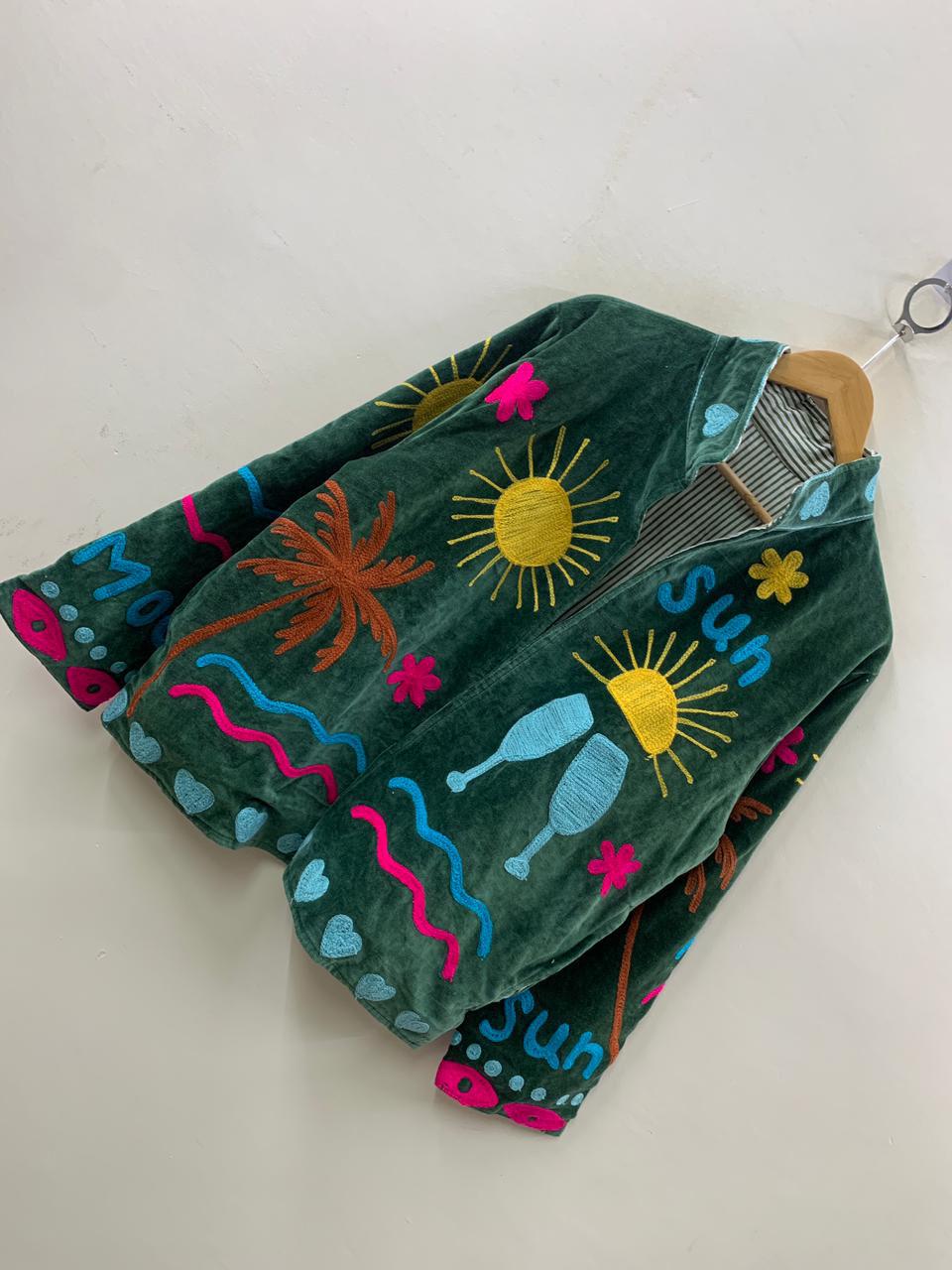 Green Velvet Suzani Short Spring Jacket |Embroidered Statement Coat | Sun, Palm, Moon & Heart Design | Colorful Festival Jacket |Duster Coat