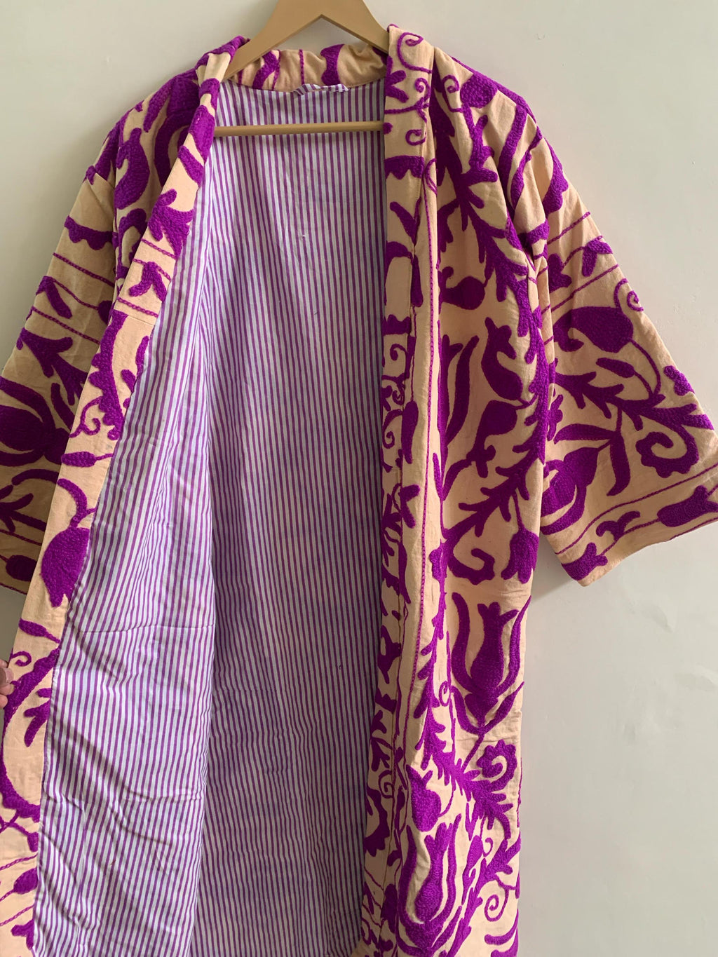 Handmade Embroidered Kimono | Unisex Boho Kimono Jacket | Purple Cotton Canvas Robe | Beach Cover Up | Festival Outfit | Resort Wear Kimono