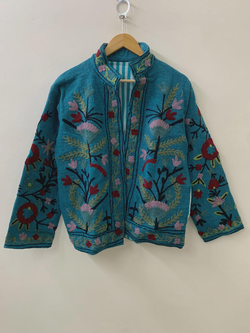 Blue TNT Suzani Short Jacket | Vintage Boho Embroidered Coat | Ethnic Uzbek Textile |Festival Kimono Jacket | Warm Outerwear |Gift For Her