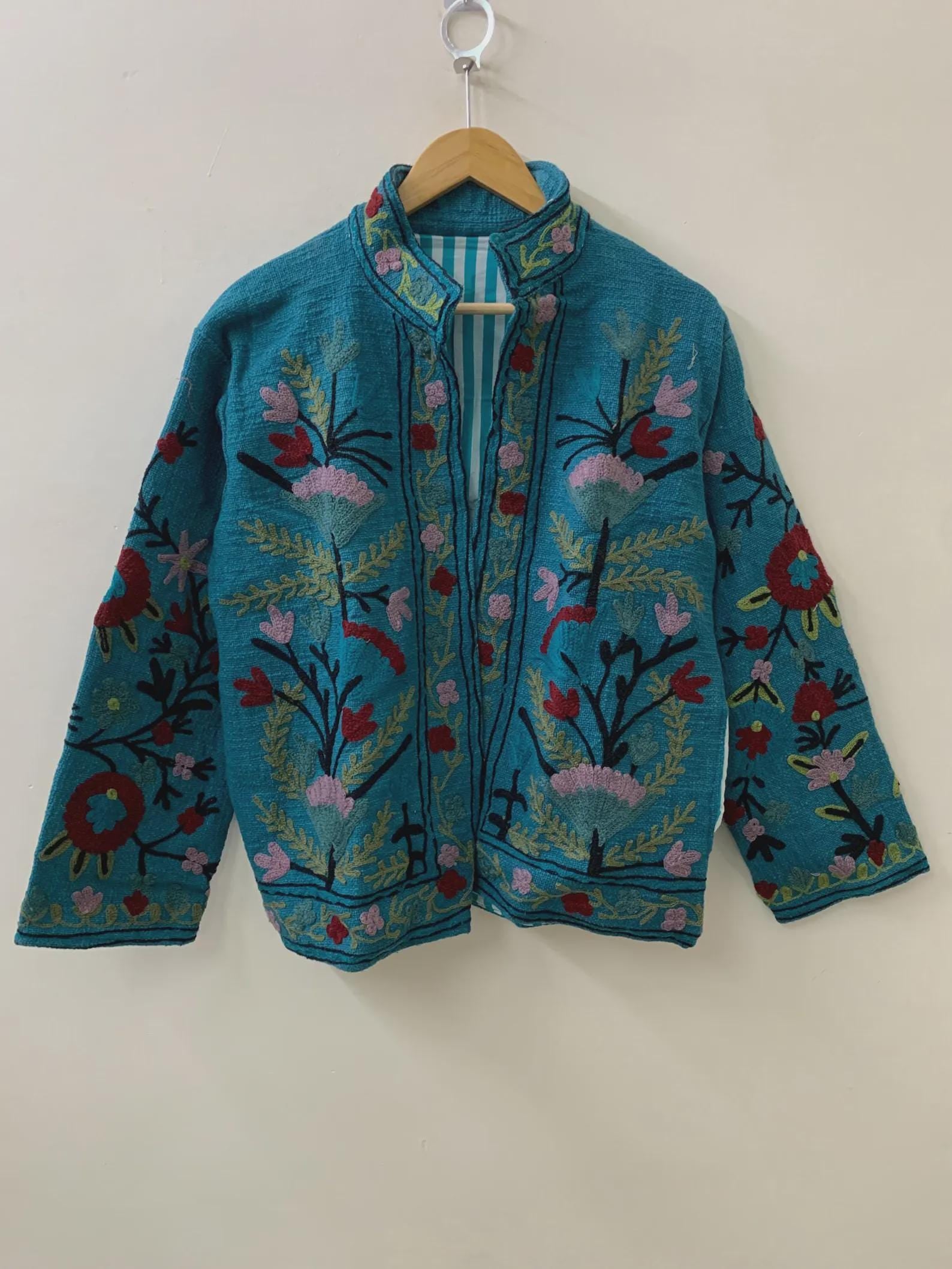 Blue TNT Suzani Short Jacket | Vintage Boho Embroidered Coat | Ethnic Uzbek Textile |Festival Kimono Jacket | Warm Outerwear |Gift For Her