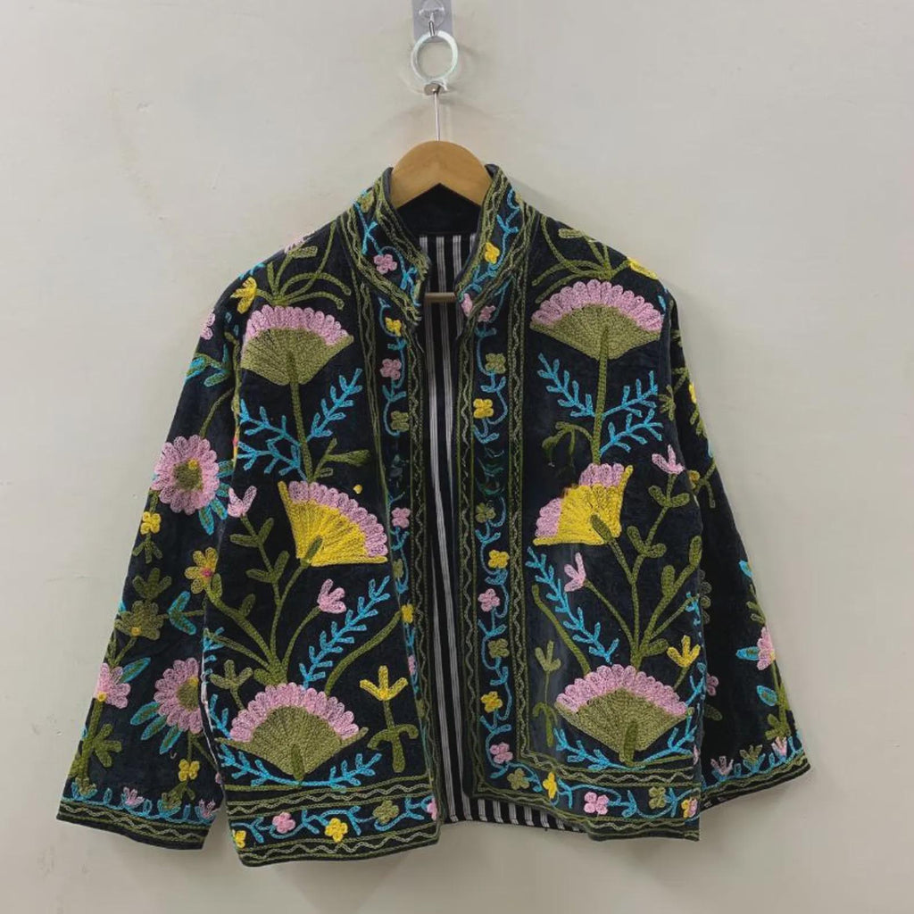 Suzani Velvet Short Jacket | Suzani Embroidery Jacket | Winter Wear Women's Jacket Coat | Suzani Coat | Gift For Her |Duster Indian Jacket