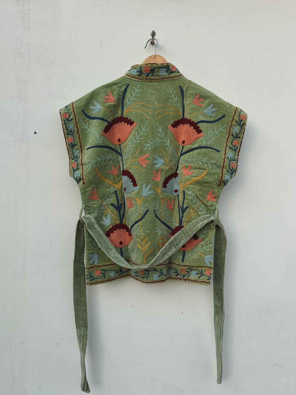 Green Velvet Suzani Vest with Belt | Handmade Boho Festival Waistcoat | Ethnic Embroidered Suzani Jacket | Sleeveless Bohemian Vest