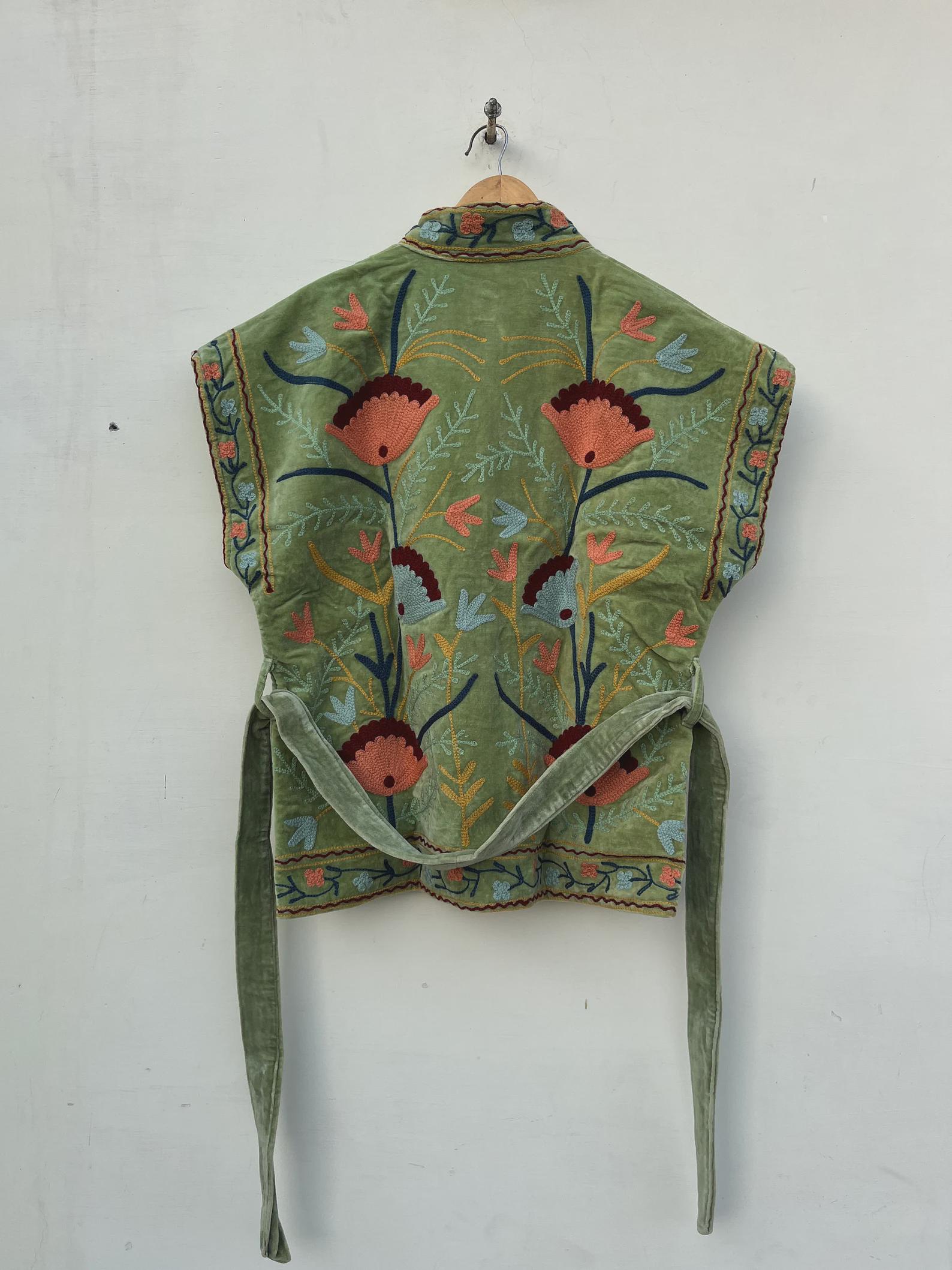 Green Velvet Suzani Vest with Belt | Handmade Boho Festival Waistcoat | Ethnic Embroidered Suzani Jacket | Sleeveless Bohemian Vest