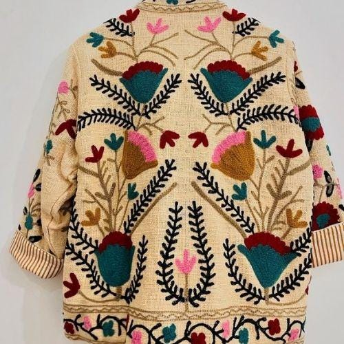 Floral Suzani Velvet Short Jacket – Boho Embroidered Coat- Winter Coat - Uzbek Travel Jacket, Festival Jacket Style Outerwear -Street Jacket