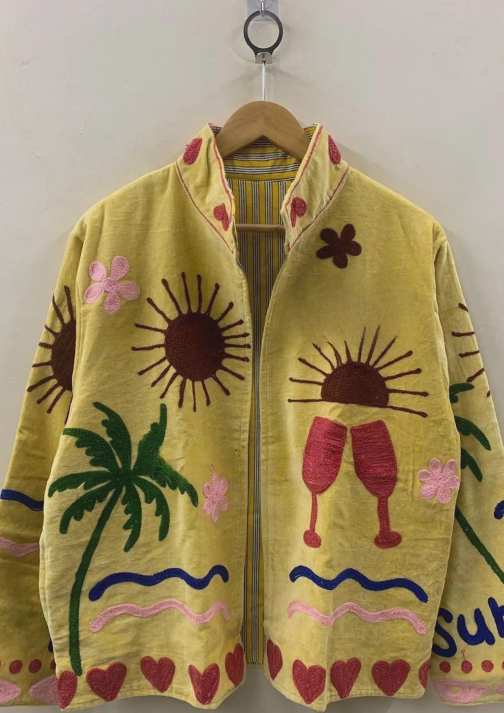 Handmade Velvet Suzani Jacket | Boho Embroidered Statement Coat | Sun, Palm, Moon & Heart Design | Colorful Festival Jacket | Duster Coat