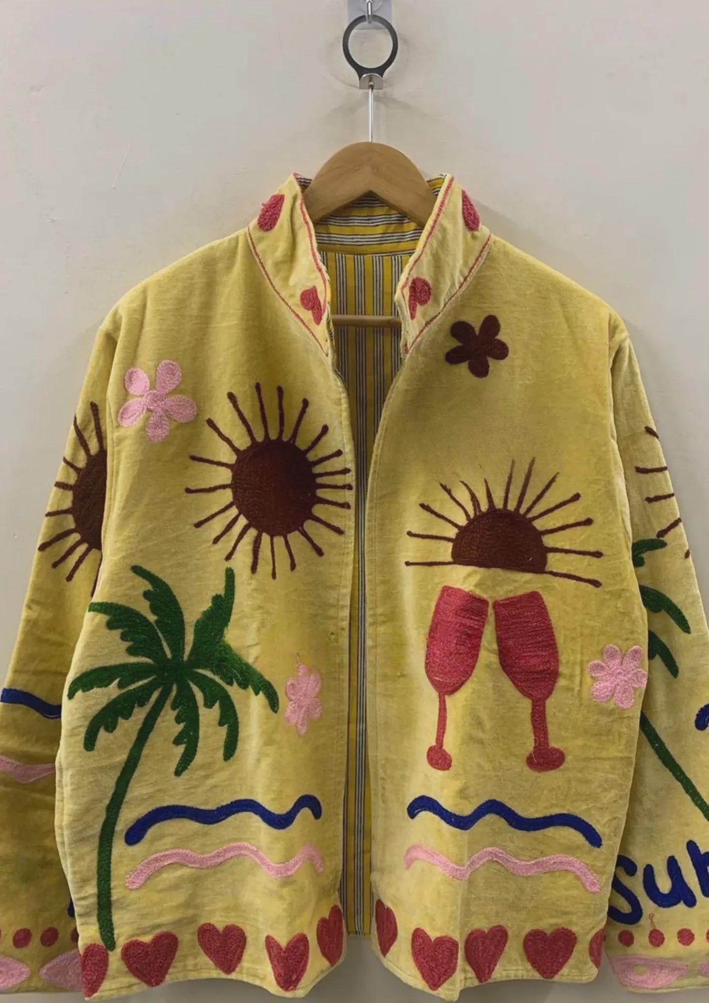 Handmade Velvet Suzani Jacket | Boho Embroidered Statement Coat | Sun, Palm, Moon & Heart Design | Colorful Festival Jacket | Duster Coat