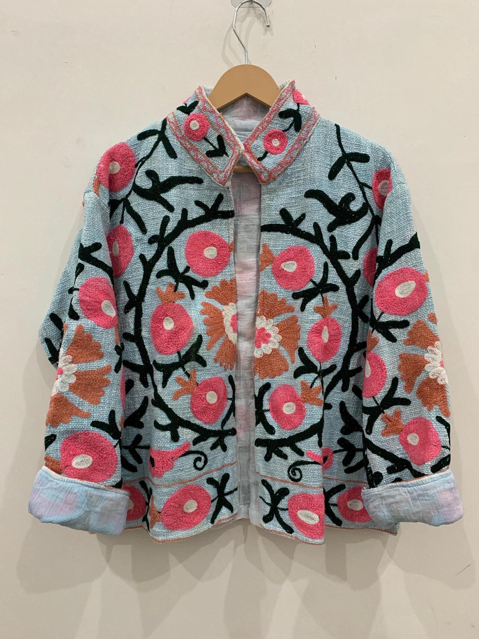 Floral TNT Fabric Suzani Short Jacket | Embroidered Boho Jacket | Vintage Uzbek Textile | Bomber Coat | Bohemian Outerwear | Gift For Her