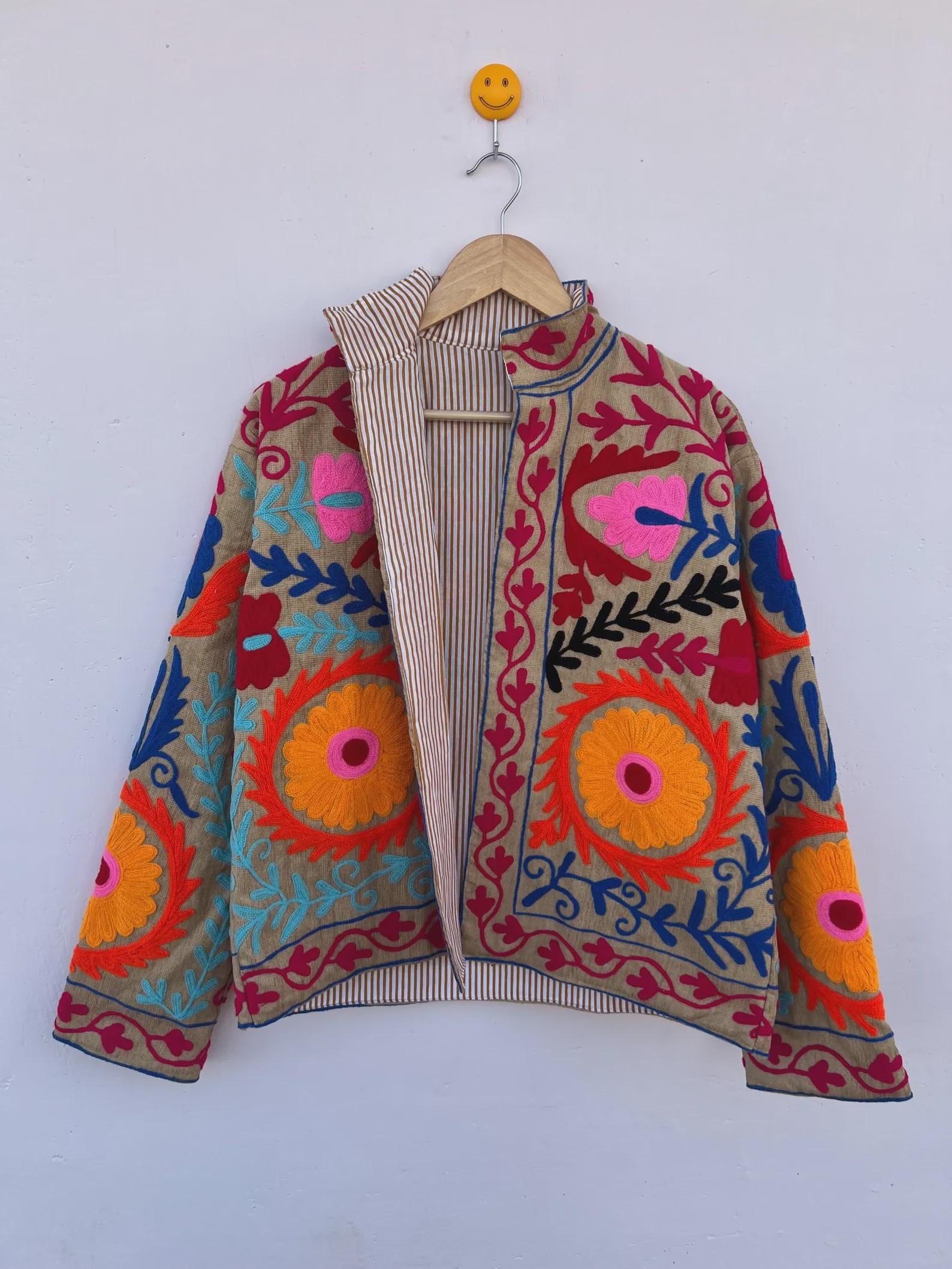 Embroidered Suzani Cotton Boho TNT Jacket | Handmade Floral Winter Coat |Gift For Her