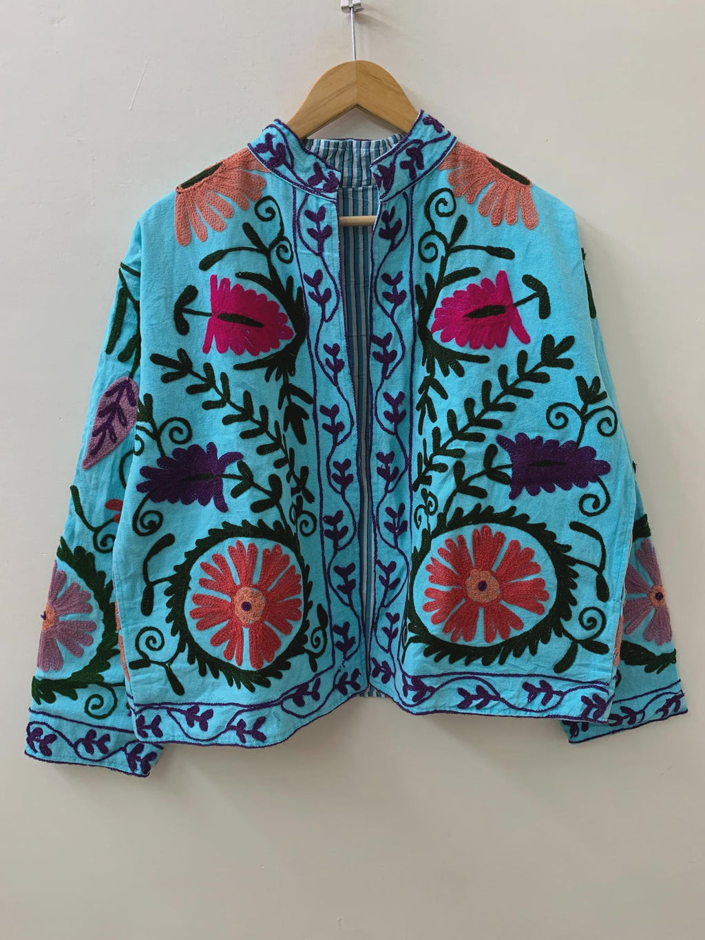 Indian Suzani Cotton Short Coat, Women's Jacket, Cotton Handmade Embroidery Coat, Suzani Cotton Boho Jacket, Gift For Her, Boho Suzani Coat