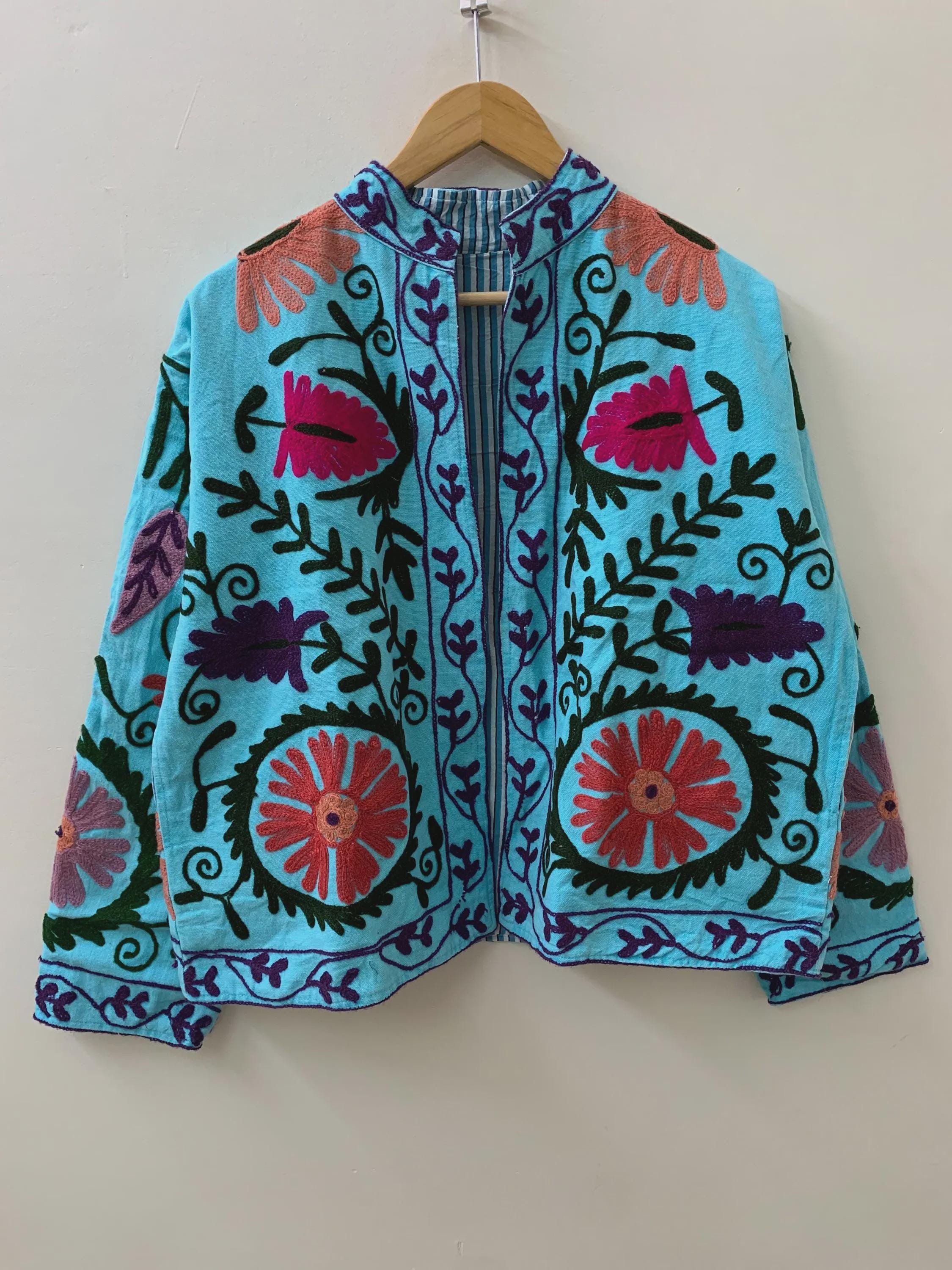 Indian Suzani Cotton Short Coat, Women's Jacket, Cotton Handmade Embroidery Coat, Suzani Cotton Boho Jacket, Gift For Her, Boho Suzani Coat