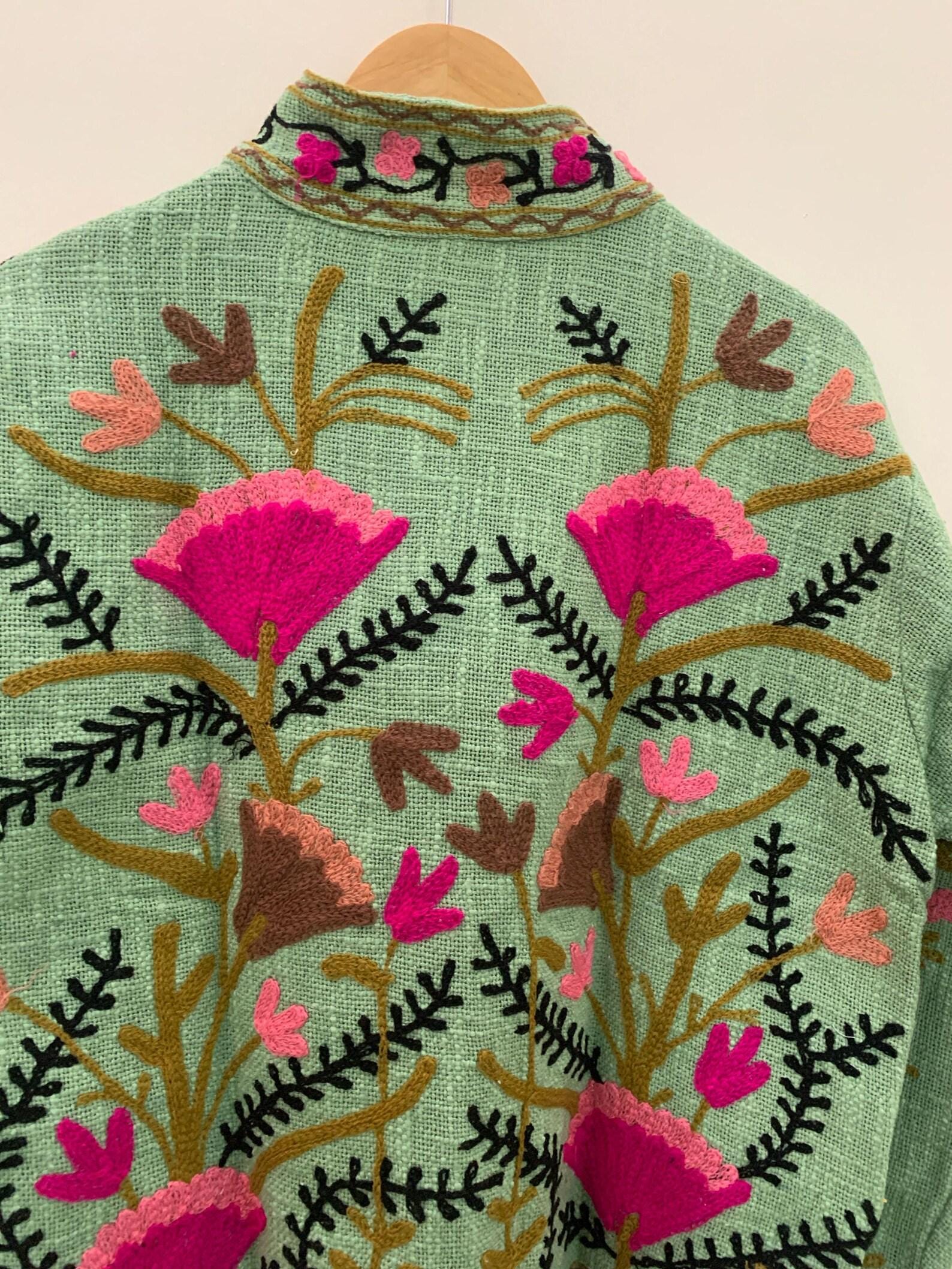 Green TNT Fabric Suzani Embroidery Quilted Jacket, Winter Wear Duster Jacket, Women's Coat