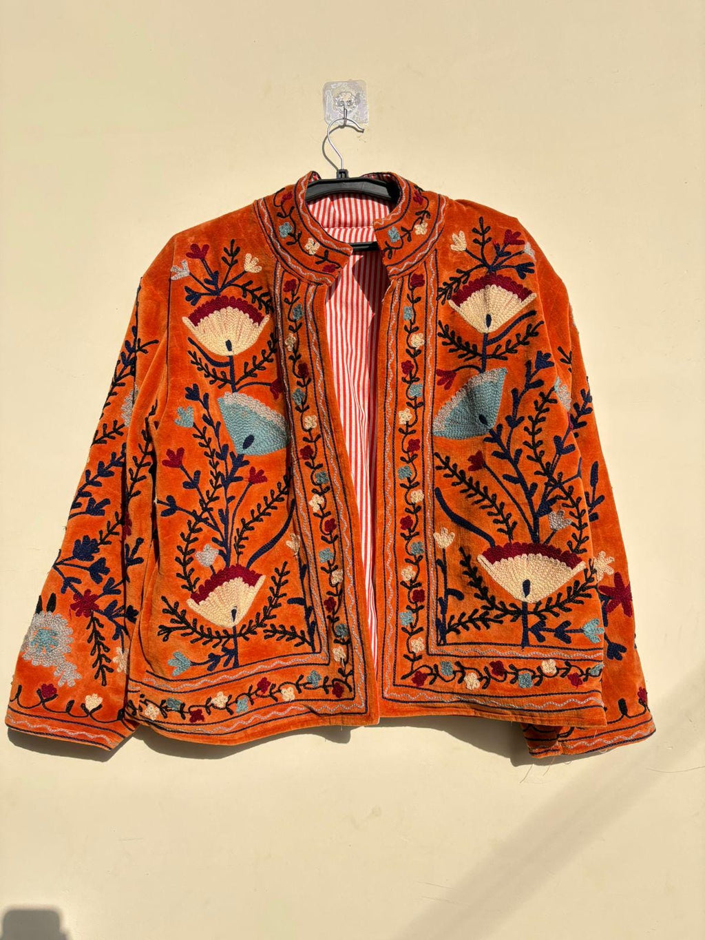 Orange Suzani Embroidered Velvet Jacket | Boho Coat | Ethnic Kimono Jacket | Warm Winter Outerwear | Gift for Her | Cropped Kimono Jacket