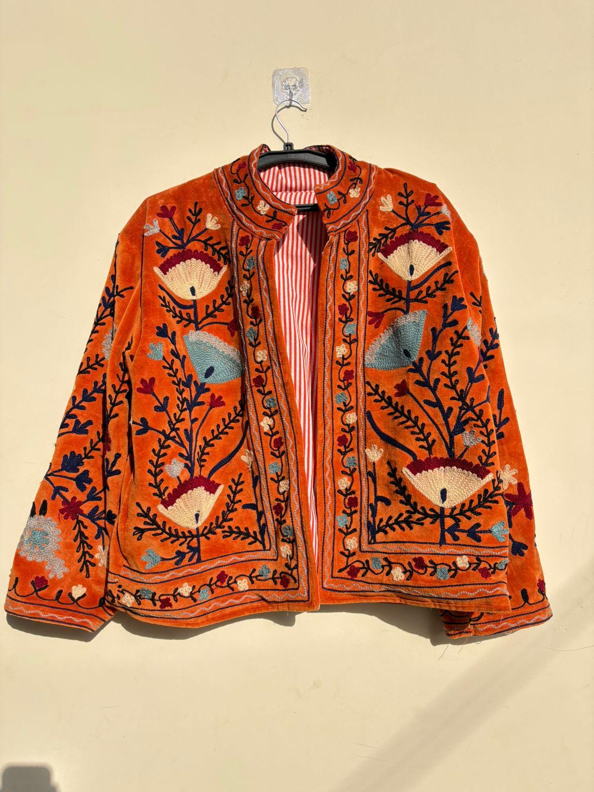Orange Suzani Embroidered Velvet Jacket | Boho Coat | Ethnic Kimono Jacket | Warm Winter Outerwear | Gift for Her | Cropped Kimono Jacket