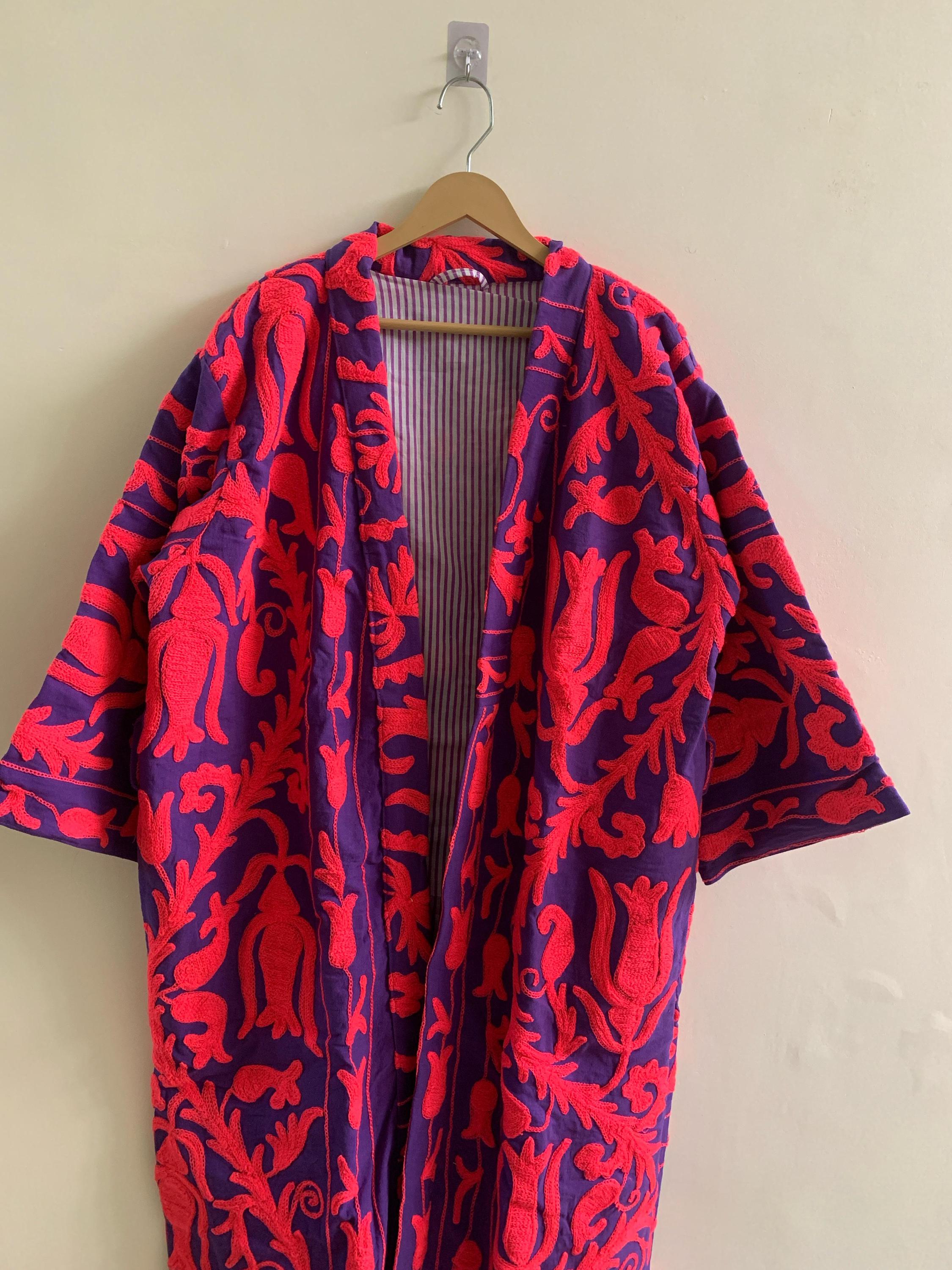Embroidered Kimono Jacket Gift for Her | Unisex Boho Kimono | Purple Cotton Canvas Robe | Handmade Duster | Beach Cover Up | Festival Wear