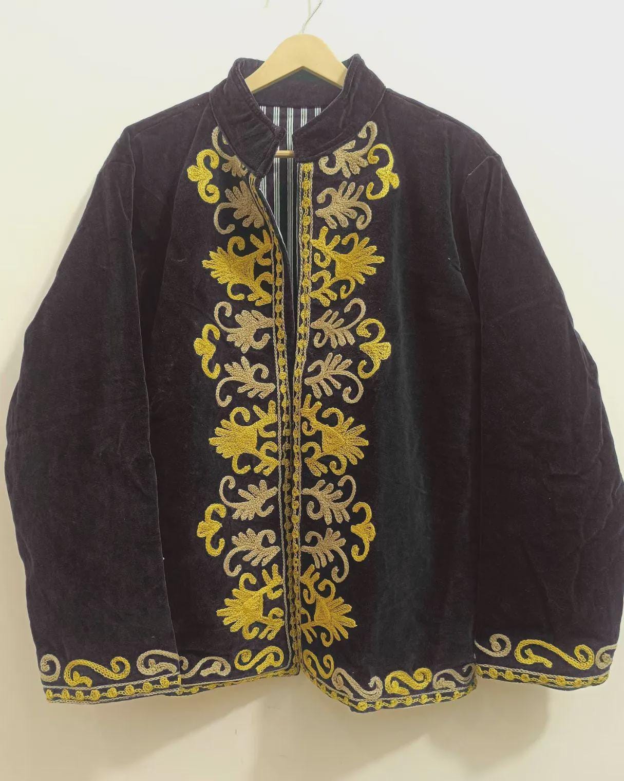 Black Velvet Floral Suzani Hand Embroidered Boho Coat | Uzbek Jacket | Folk Festival Duster
