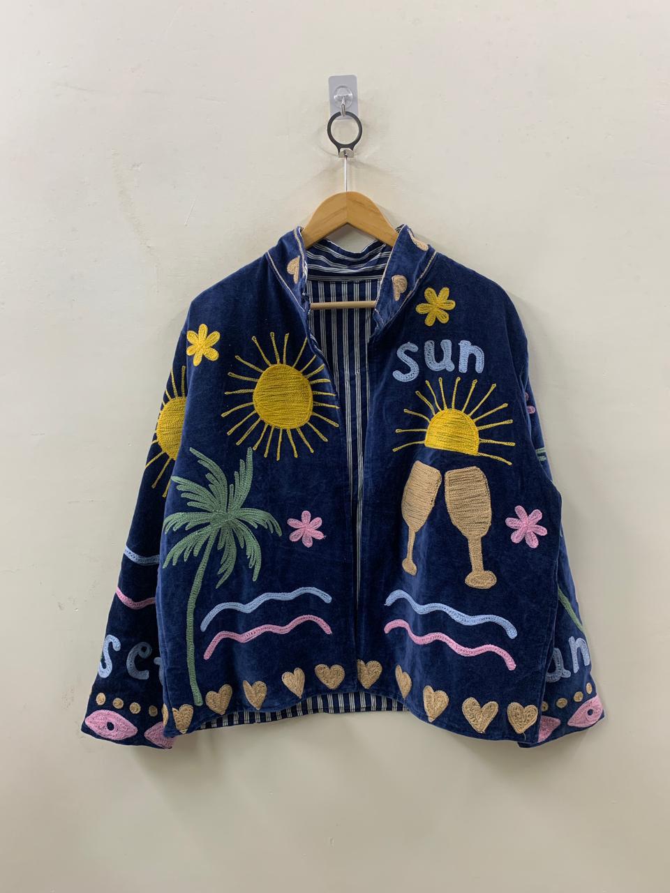 Unique Velvet Suzani Short Jacket | Boho Embroidered Statement Coat | Sun, Palm, Moon & Heart Design | Colorful Festival Jacket |Duster Coat
