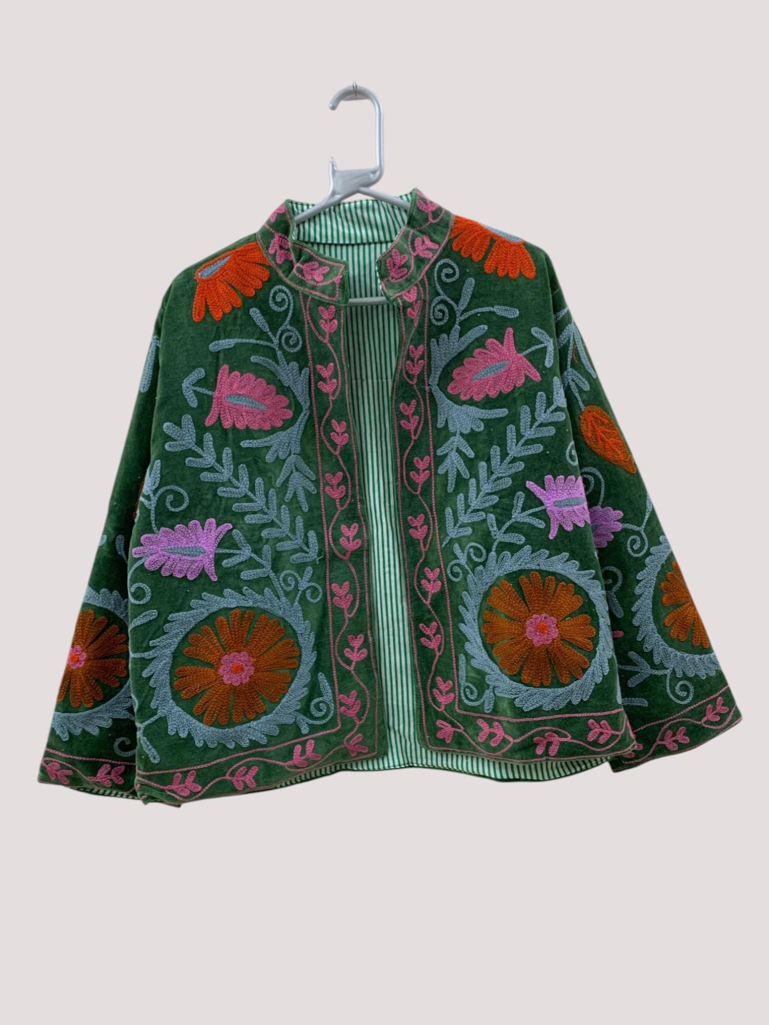 Suzani Velvet Short Jacket | Indian Suzani Embroidery Jacket | Winter Wear Women's Jacket Coat | Suzani Coat | Gift For Her |Duster Jacket