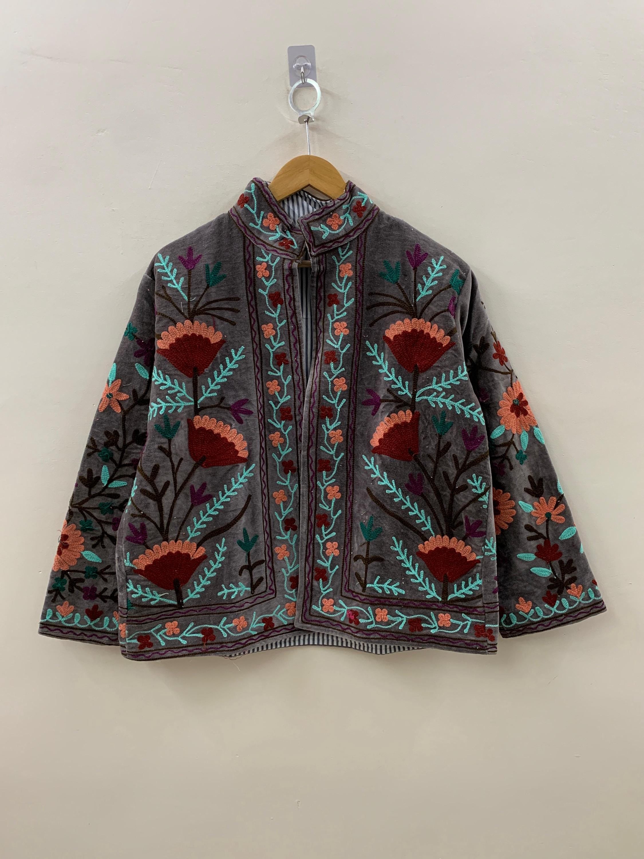 Embroidered Suzani Short Velvet Jacket | Winter Coat | Short Jacket | Artisan Suzani Velvet Jacket | Gift For Her |Vintage Jacket