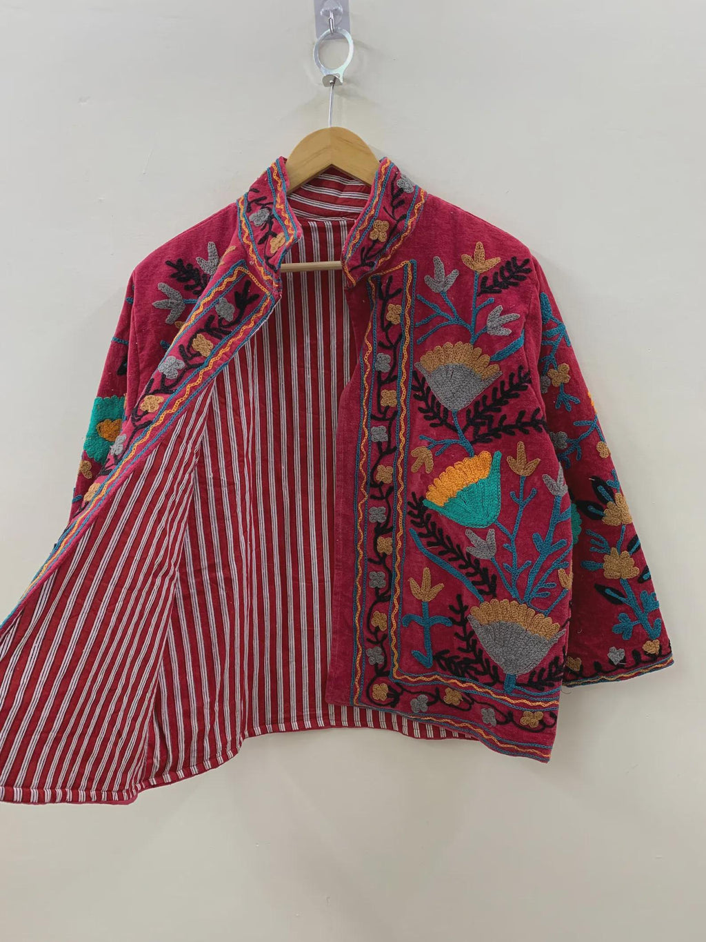Boho Suzani Velvet Kimono Jacket | Hand Embroidered Short Coat | Vintage Ethnic Wear | Cropped Jacket | Winter Outfit | Gift for Her