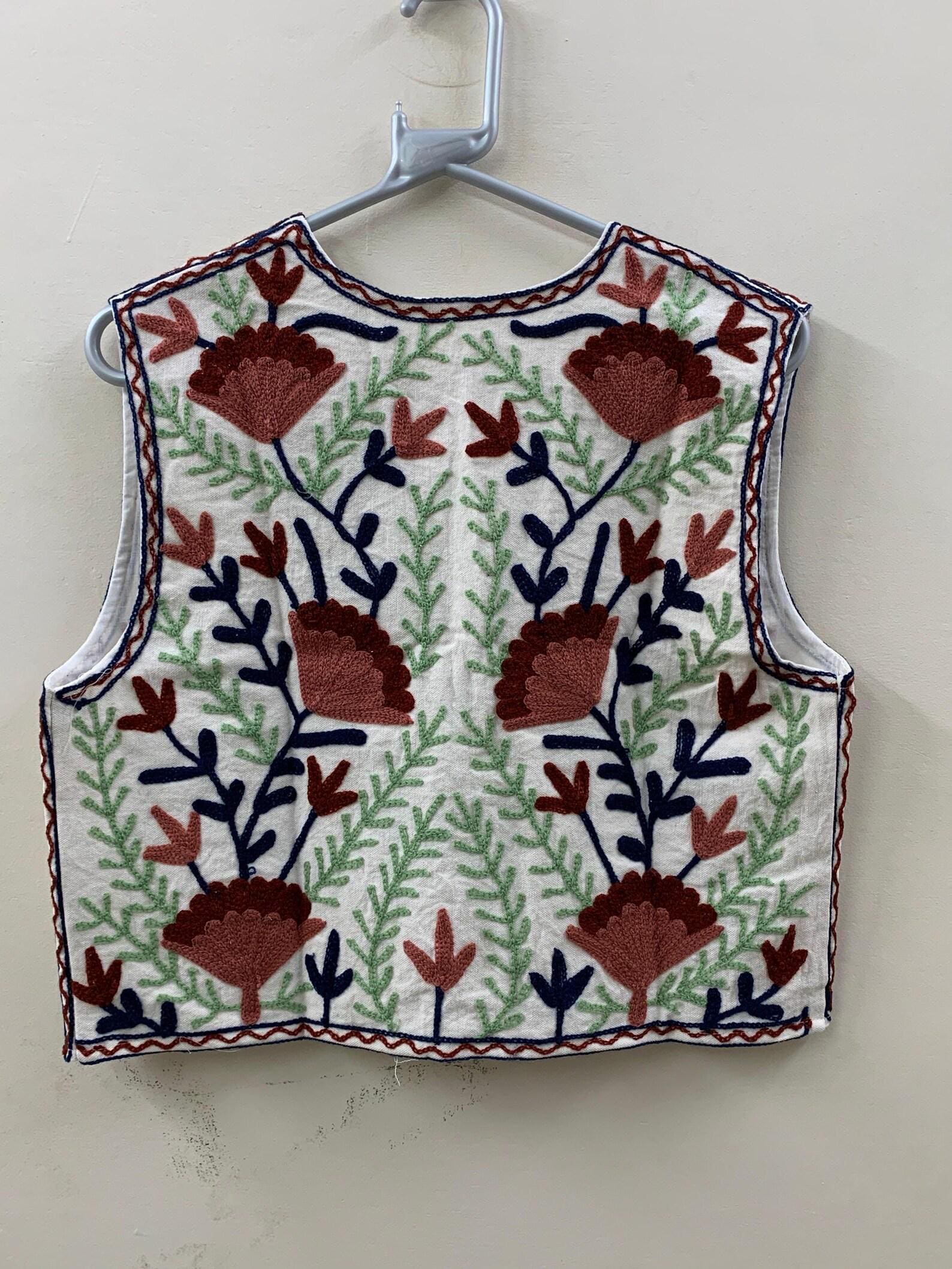 Suzani Embroidered Cotton Vest| Boho Floral Waistcoat | Handmade Ethnic Jacket | Cotton Lined Sleeveless Bohemian Layer |Festival Boho Vest