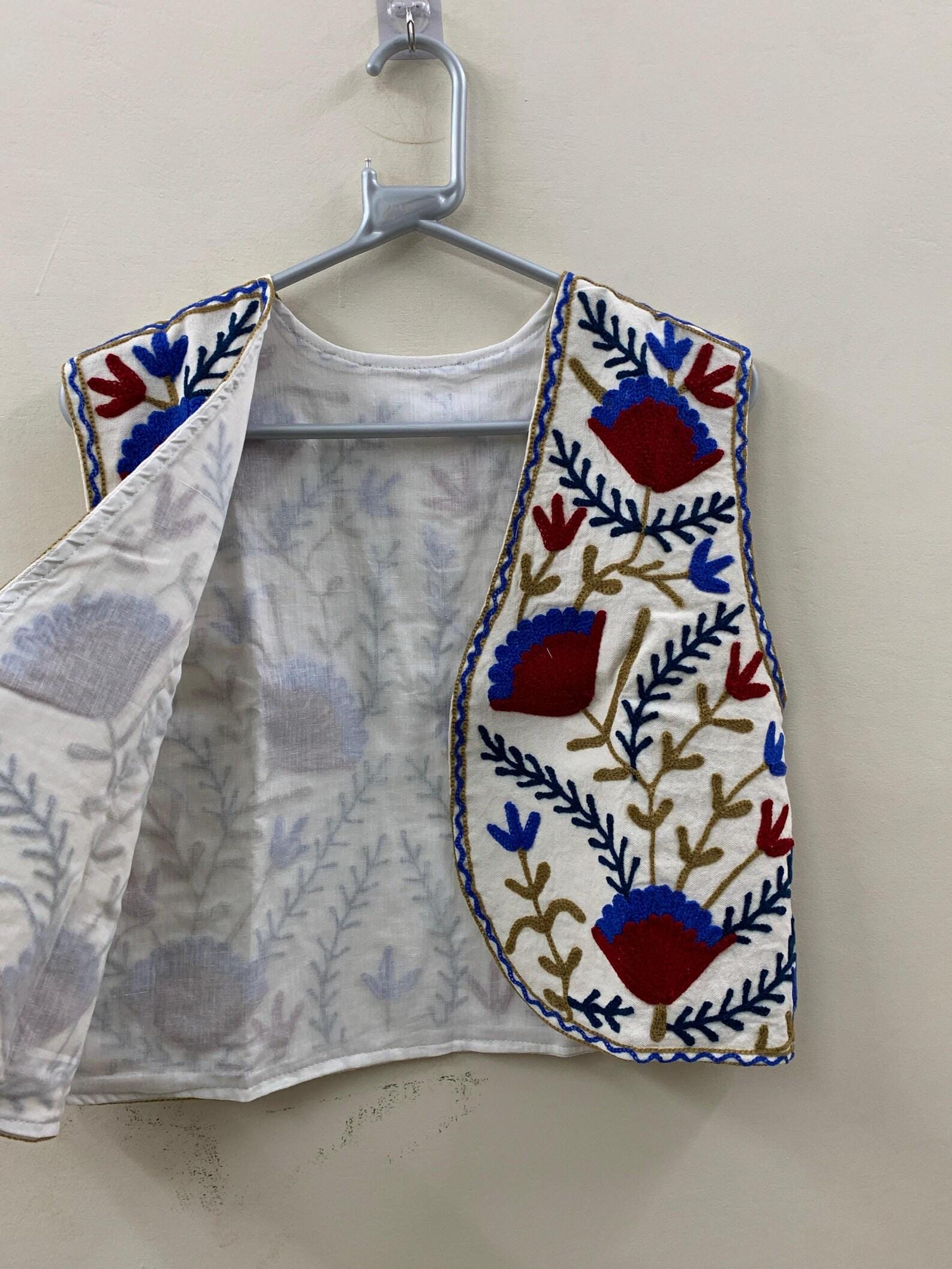 Handmade Suzani Embroidered Cotton Vest | Turkish Boho Floral Waistcoat | Vintage Suzani Jacket | Bohemian Layering Vest | Gift for Her