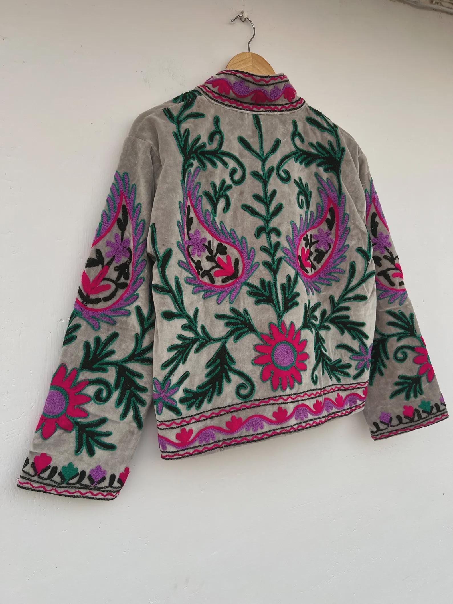 Embroidered Suzani Velvet Boho Jacket | Handmade Floral Winter Coat | Gift For Her | Winter Warm Kimono Coat