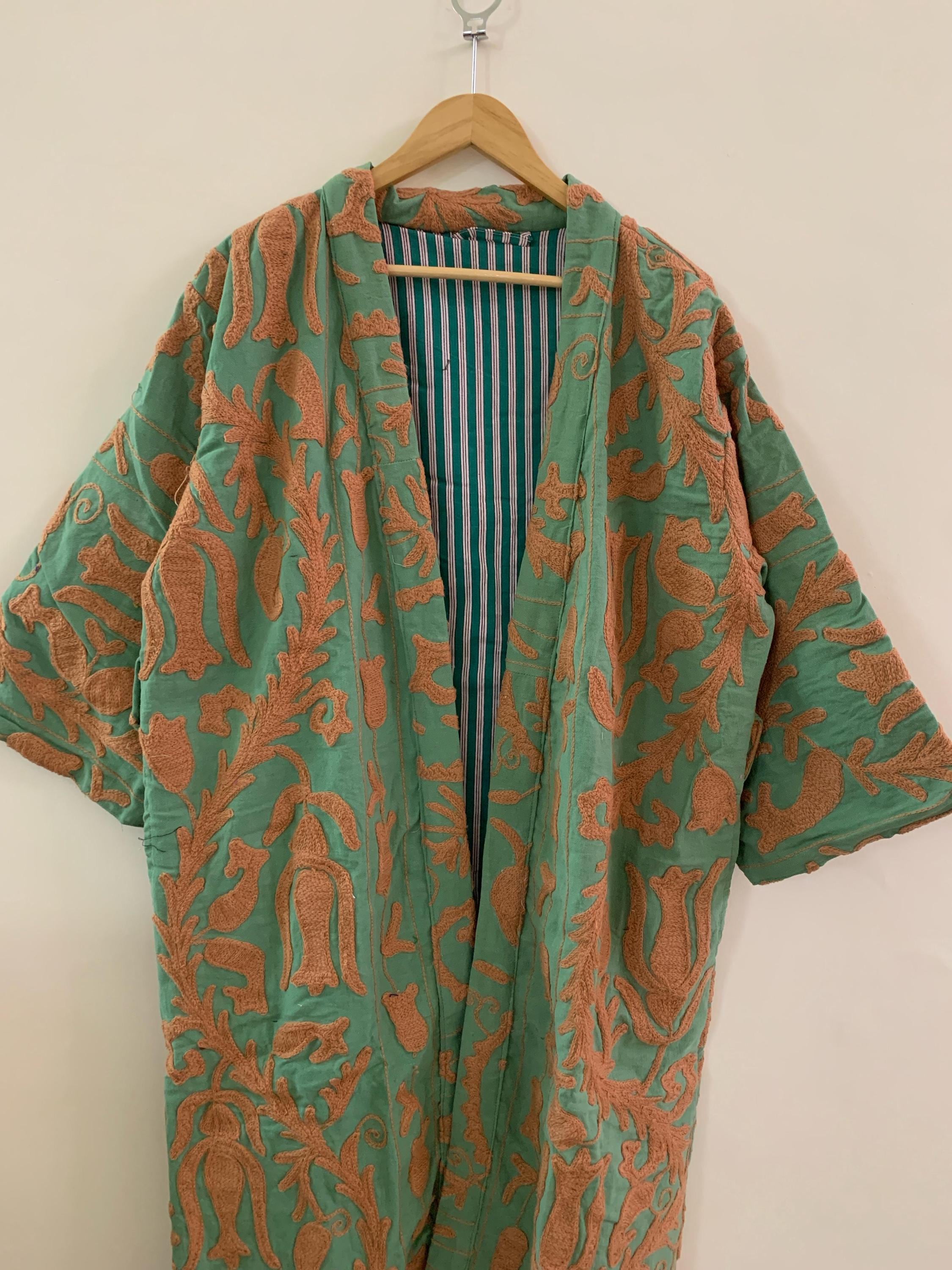 Mustard Canvas Cotton Kimono Summer Long Jacket | Hand Embroidered Robe | Boho Clothing | Statement Kimono | Dressing Gown | Gift For Wife