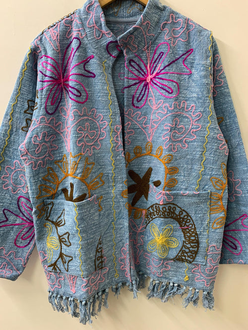 Bohemian Ethnic Cotton Suzani Embroidered Kimono Throw | Tribal Shrug | Spring Festival Coat | Artistic Duster Jacket