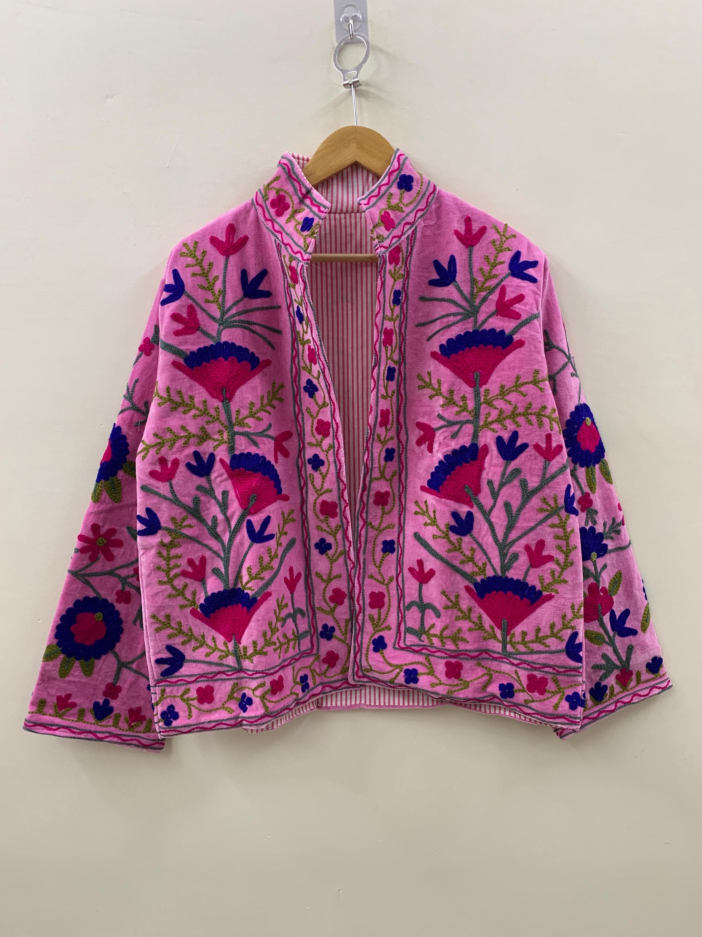 Floral Suzani Embroidered Velvet Jacket | Handmade Short Festival Coat | Ethnic Bohemian Outerwear | Winter Kimono Jacket | Gift For Wife