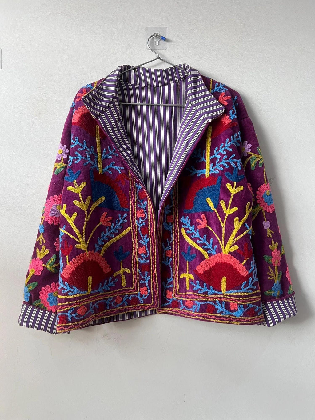 Bohemian Velvet Suzani Embroidered Coat | Floral Statement Jacket | Ethnic Duster Outerwear | Bomber Style Jacket |Gift For her