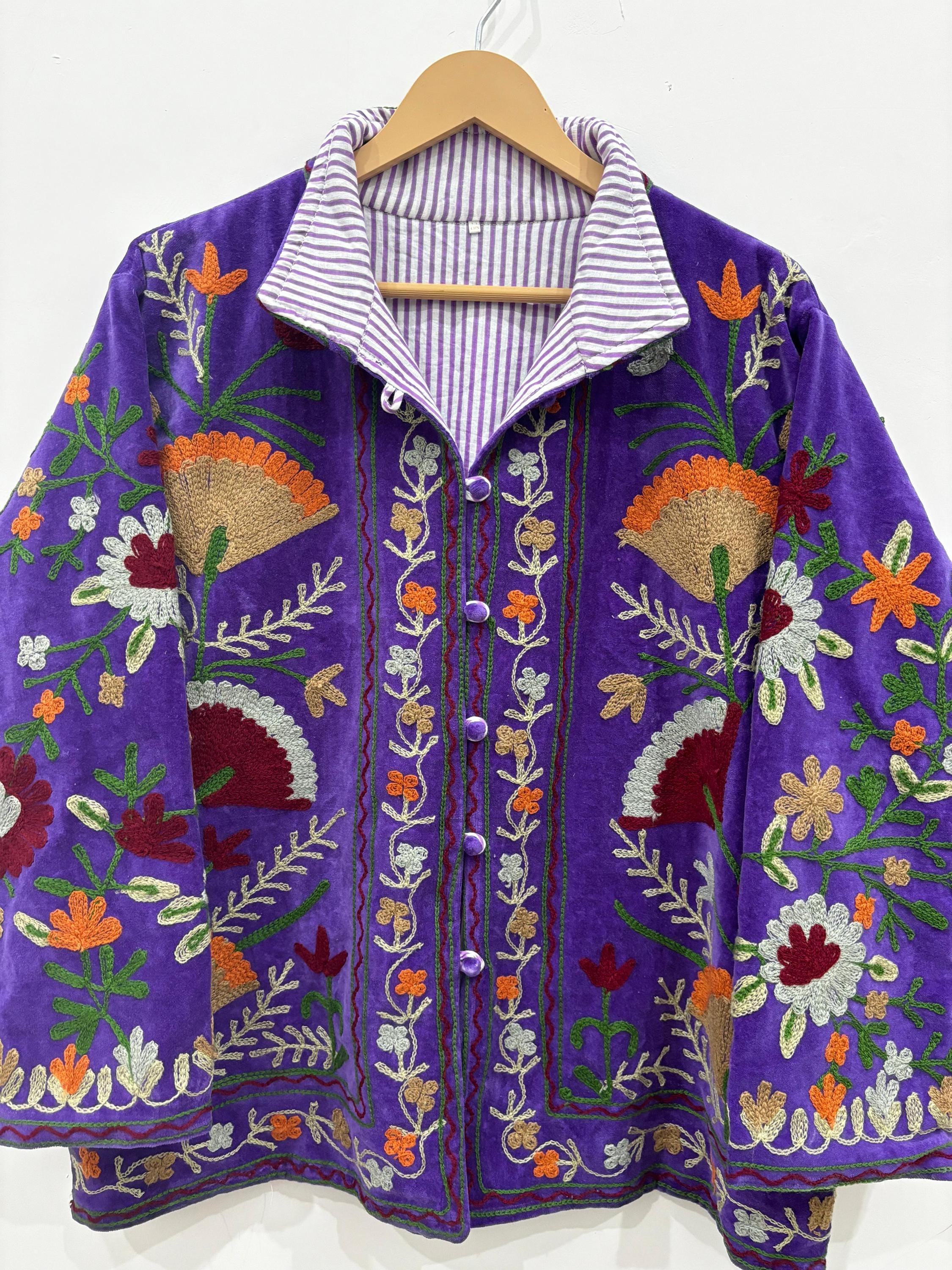 Purple Suzani Embroidery Jacket Batton Coat, Winter Suzani Jacket, Velvet Kimono Coat, Suzani Coat, Outerwear, Travel Jacket, Gift For Her